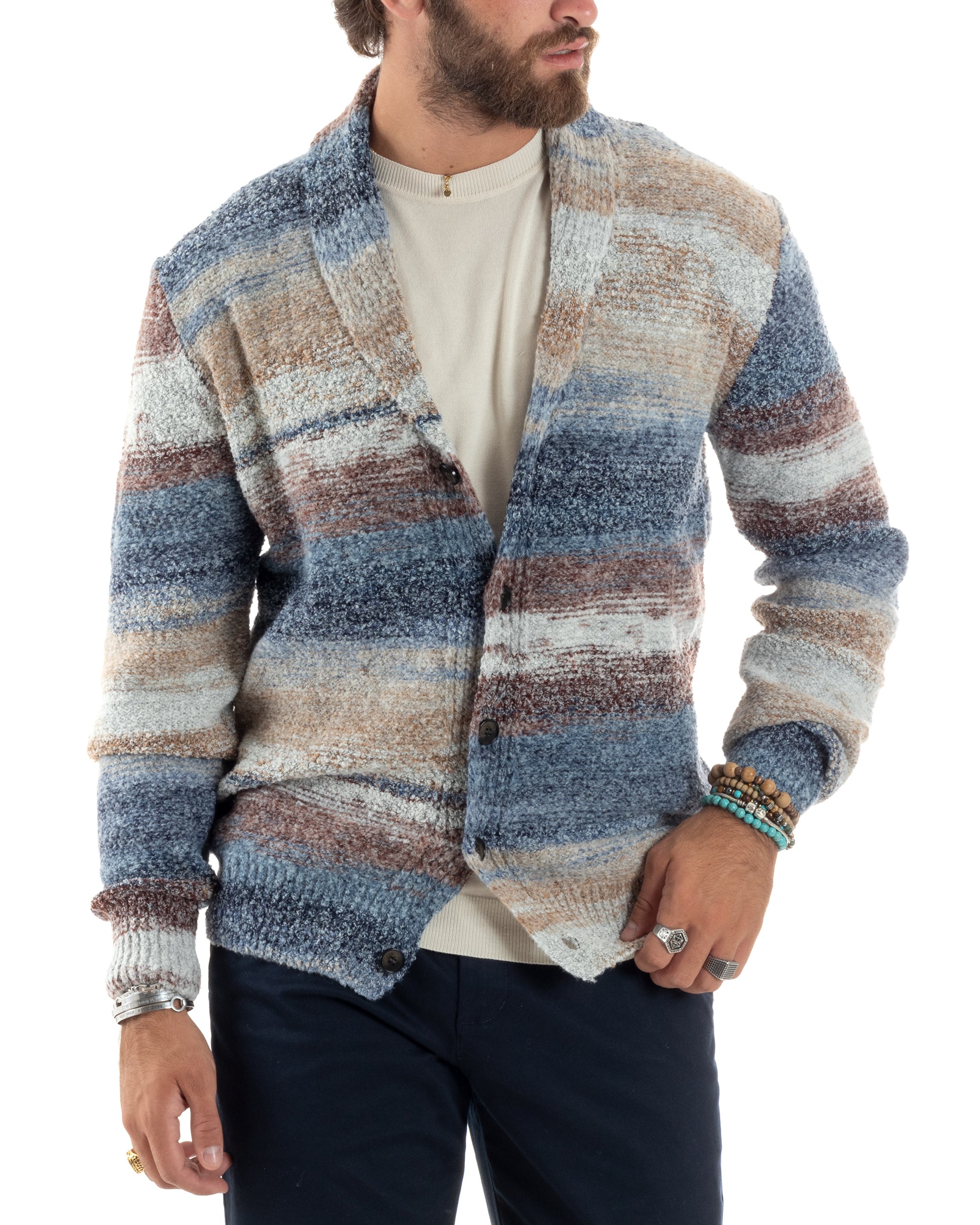 Cardigan Uomo Maglia Con Bottoni Maglioncino Collo A Scialle Rigato Melangiato Casual Fango Blu GIOSAL-M2845A