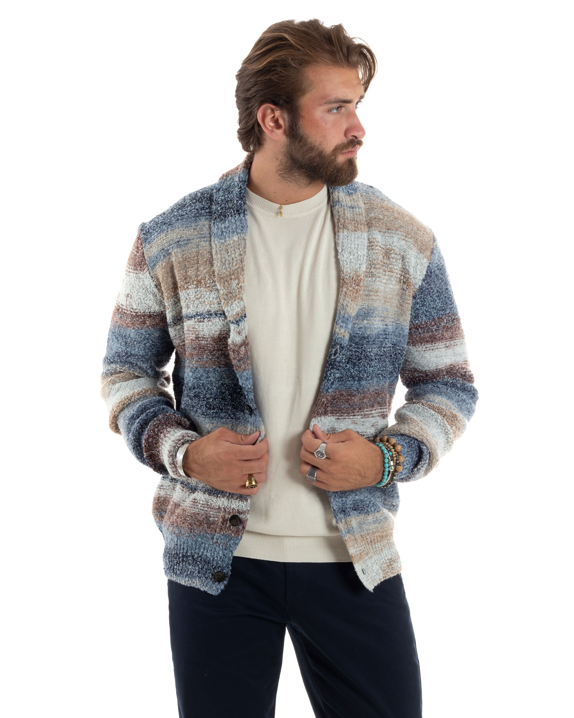 Cardigan Uomo Maglia Con Bottoni Maglioncino Collo A Scialle Rigato Melangiato Casual Fango Blu GIOSAL-M2845A