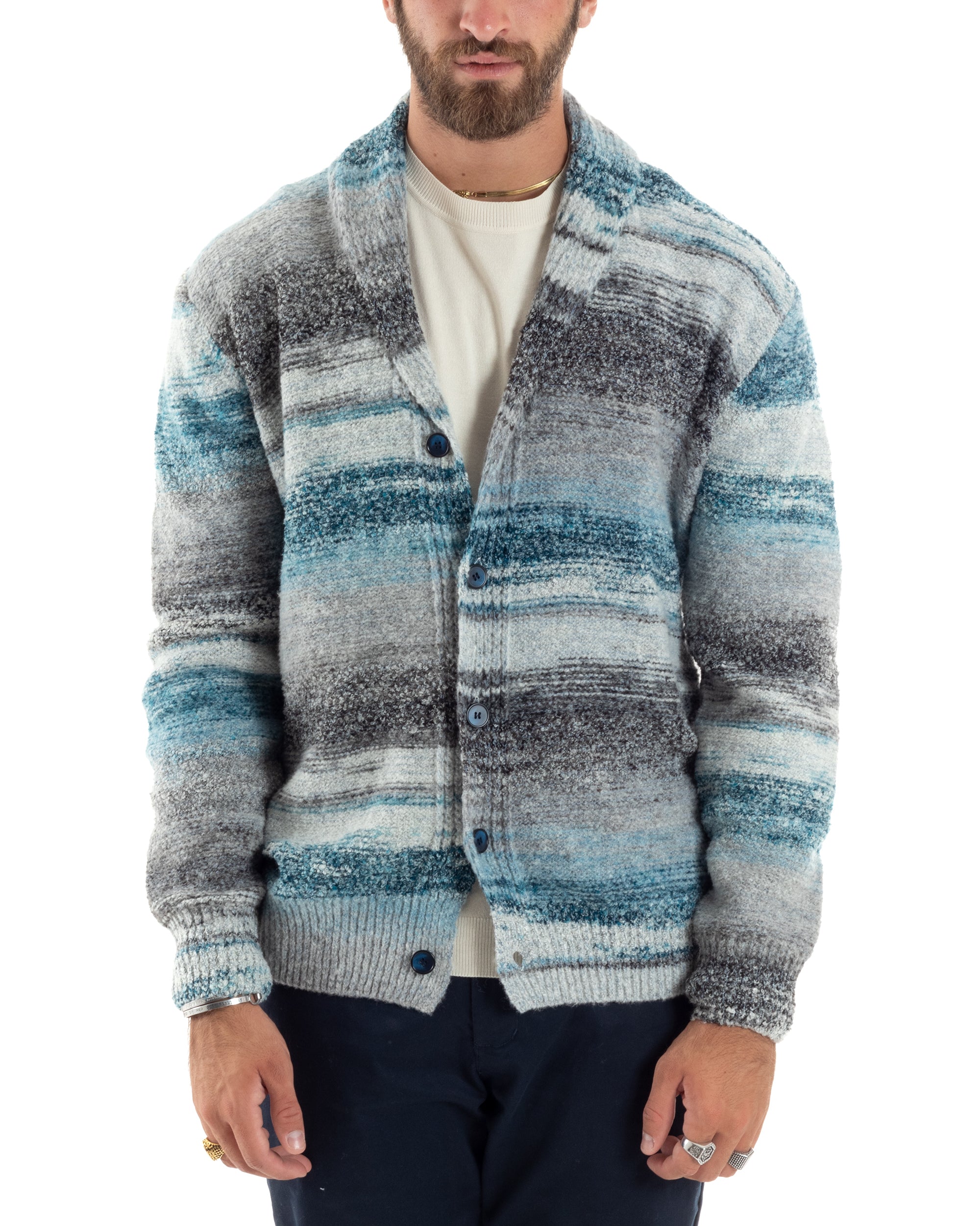 Cardigan Uomo Maglia Con Bottoni Maglioncino Collo A Scialle Rigato Melangiato Casual Celeste Grigio GIOSAL-M2846A