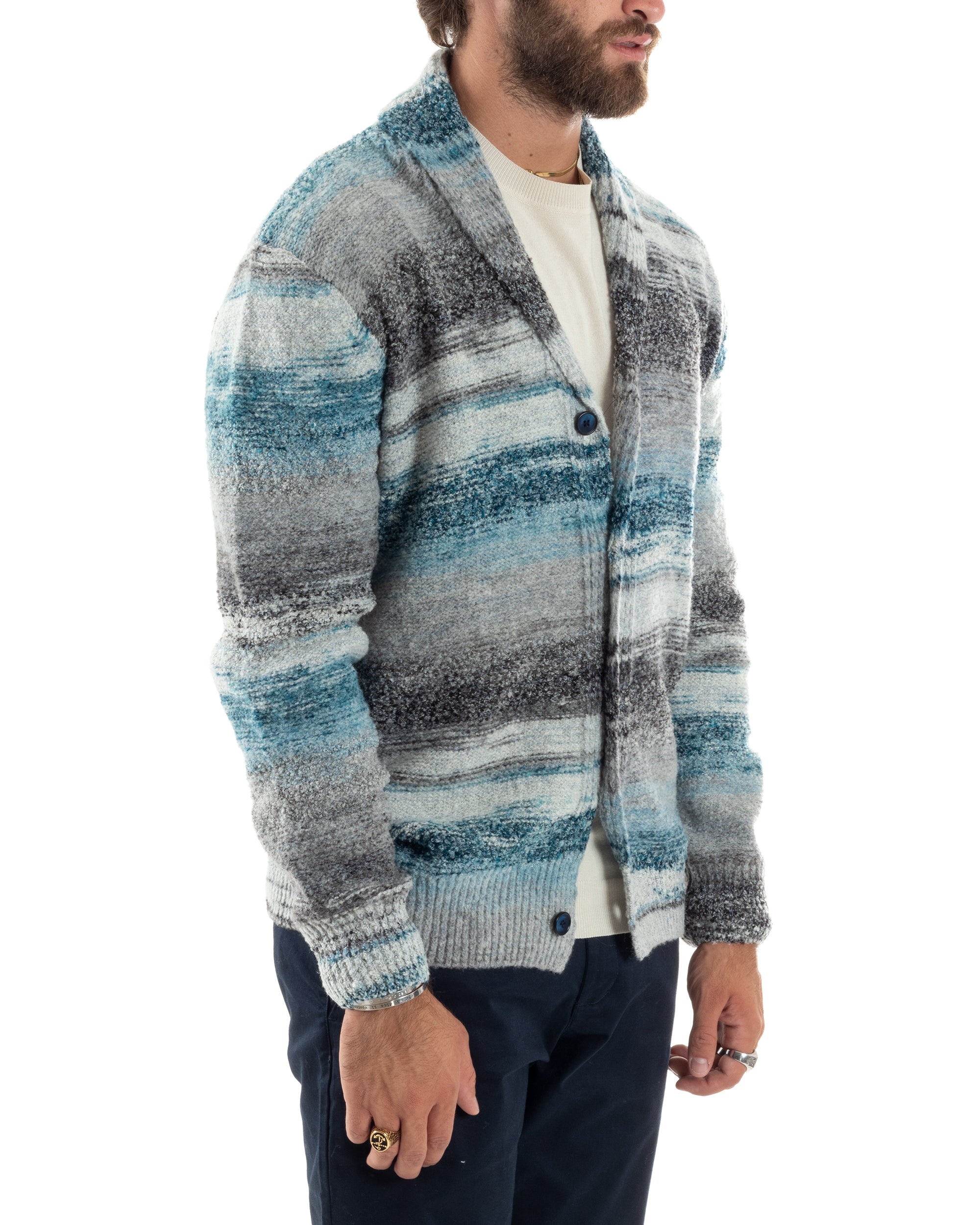 Cardigan Uomo Maglia Con Bottoni Maglioncino Collo A Scialle Rigato Melangiato Casual Celeste Grigio GIOSAL-M2846A