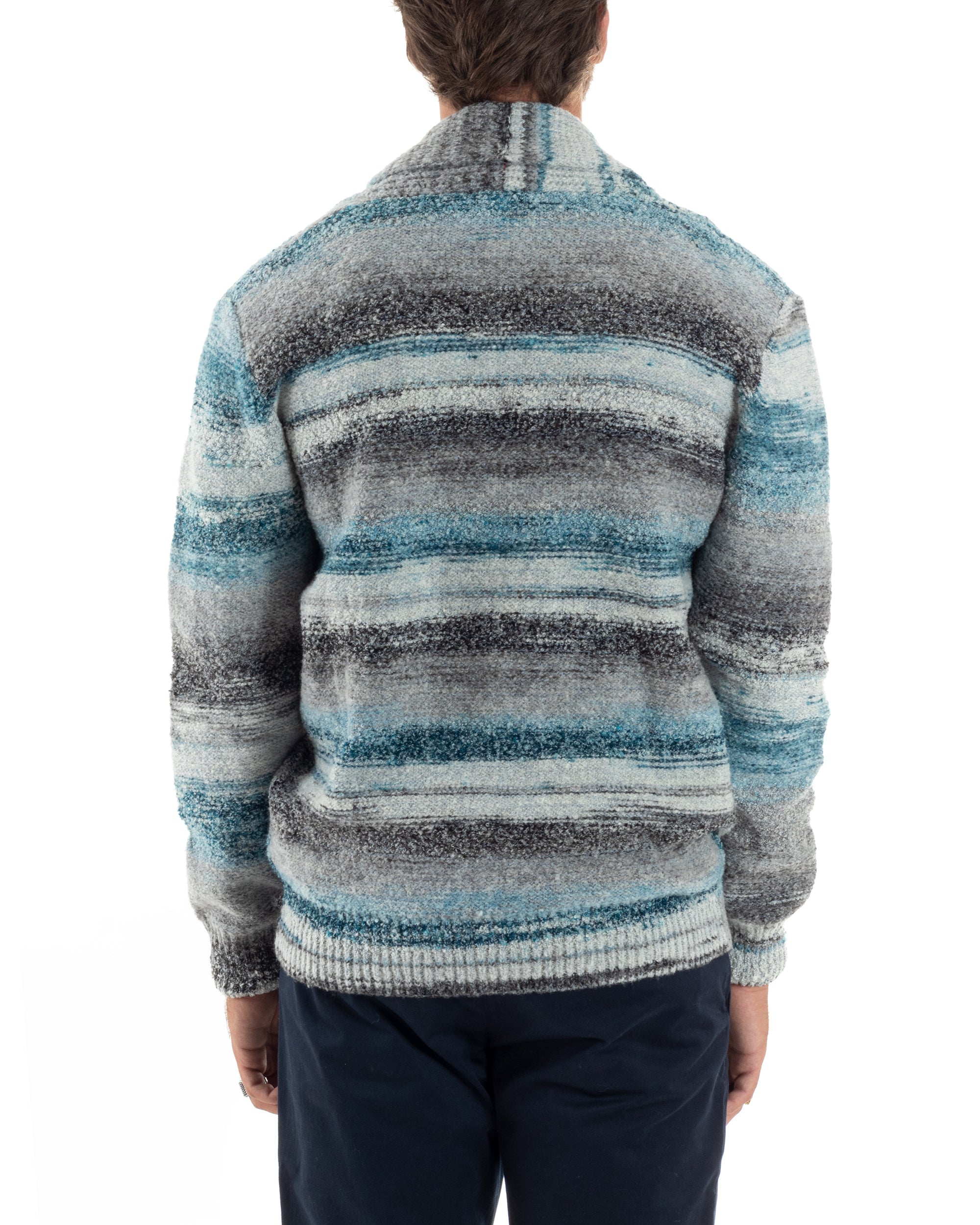 Cardigan Uomo Maglia Con Bottoni Maglioncino Collo A Scialle Rigato Melangiato Casual Celeste Grigio GIOSAL-M2846A