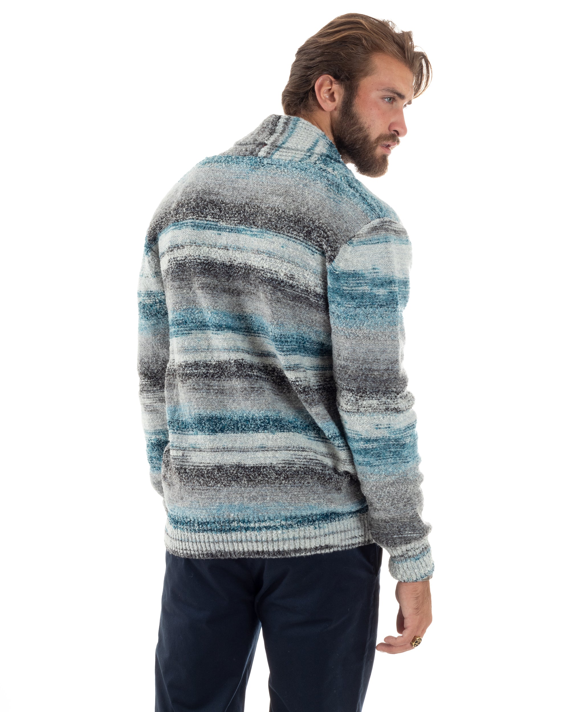 Cardigan Uomo Maglia Con Bottoni Maglioncino Collo A Scialle Rigato Melangiato Casual Celeste Grigio GIOSAL-M2846A