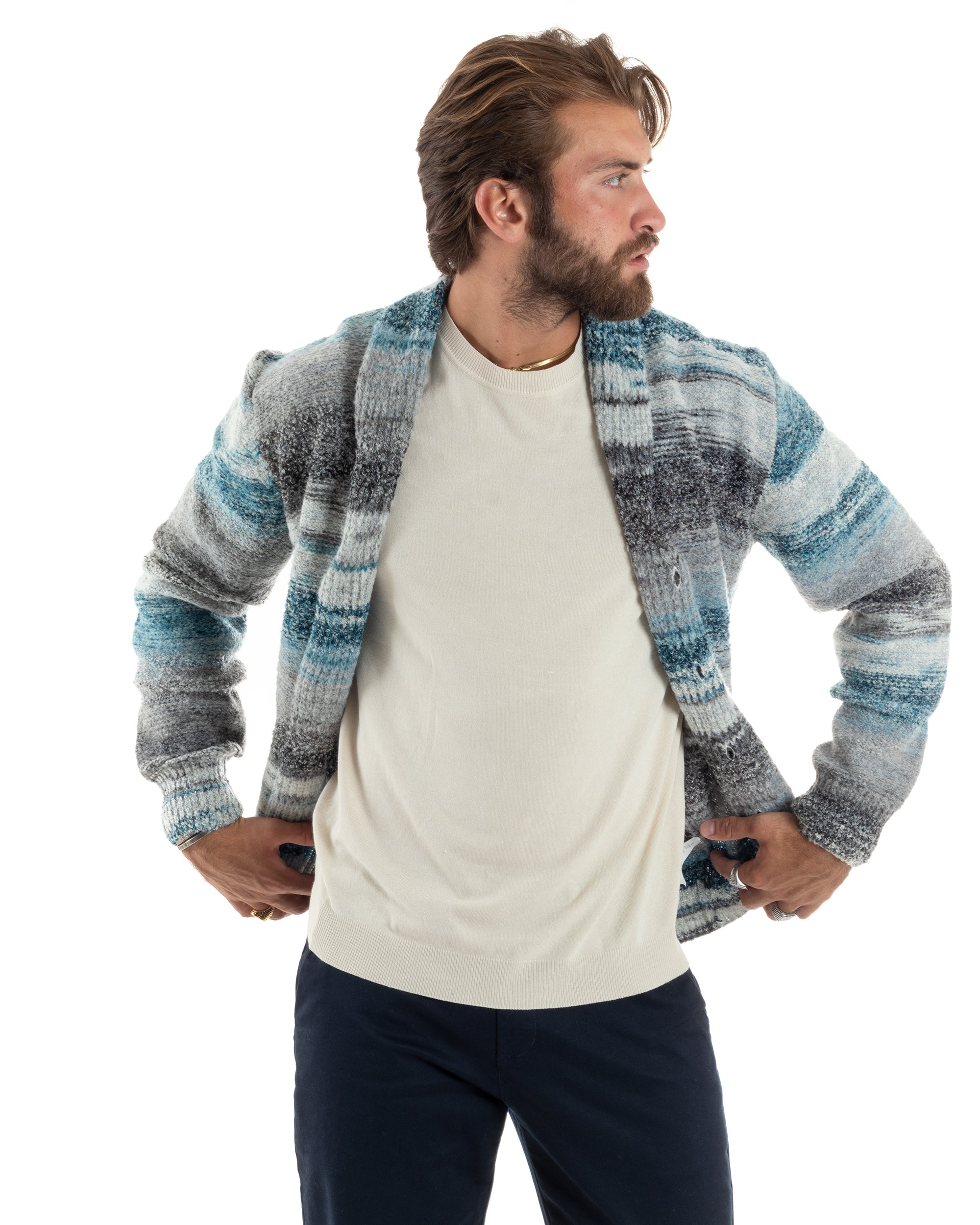 Cardigan Uomo Maglia Con Bottoni Maglioncino Collo A Scialle Rigato Melangiato Casual Celeste Grigio GIOSAL-M2846A