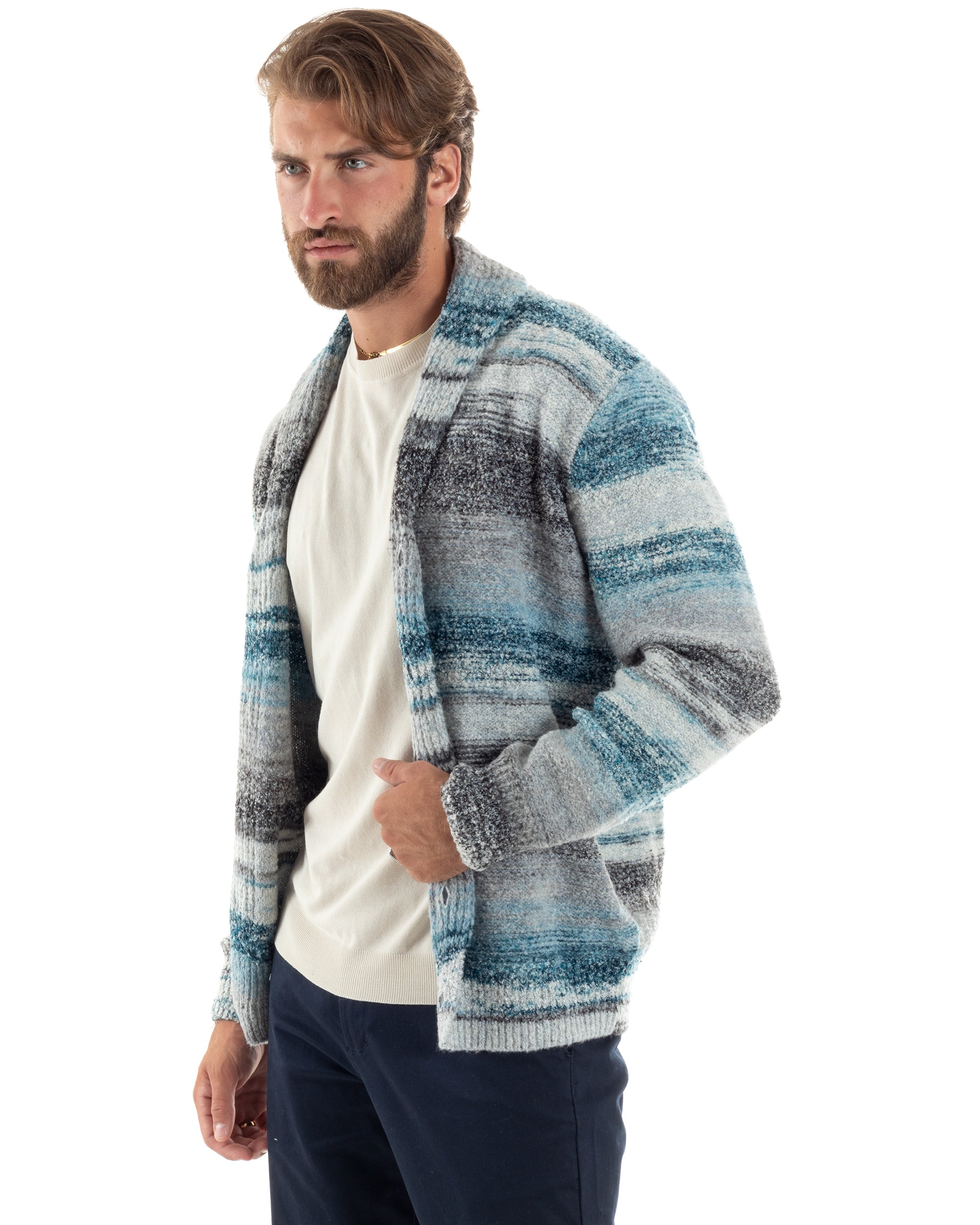 Cardigan Uomo Maglia Con Bottoni Maglioncino Collo A Scialle Rigato Melangiato Casual Celeste Grigio GIOSAL-M2846A