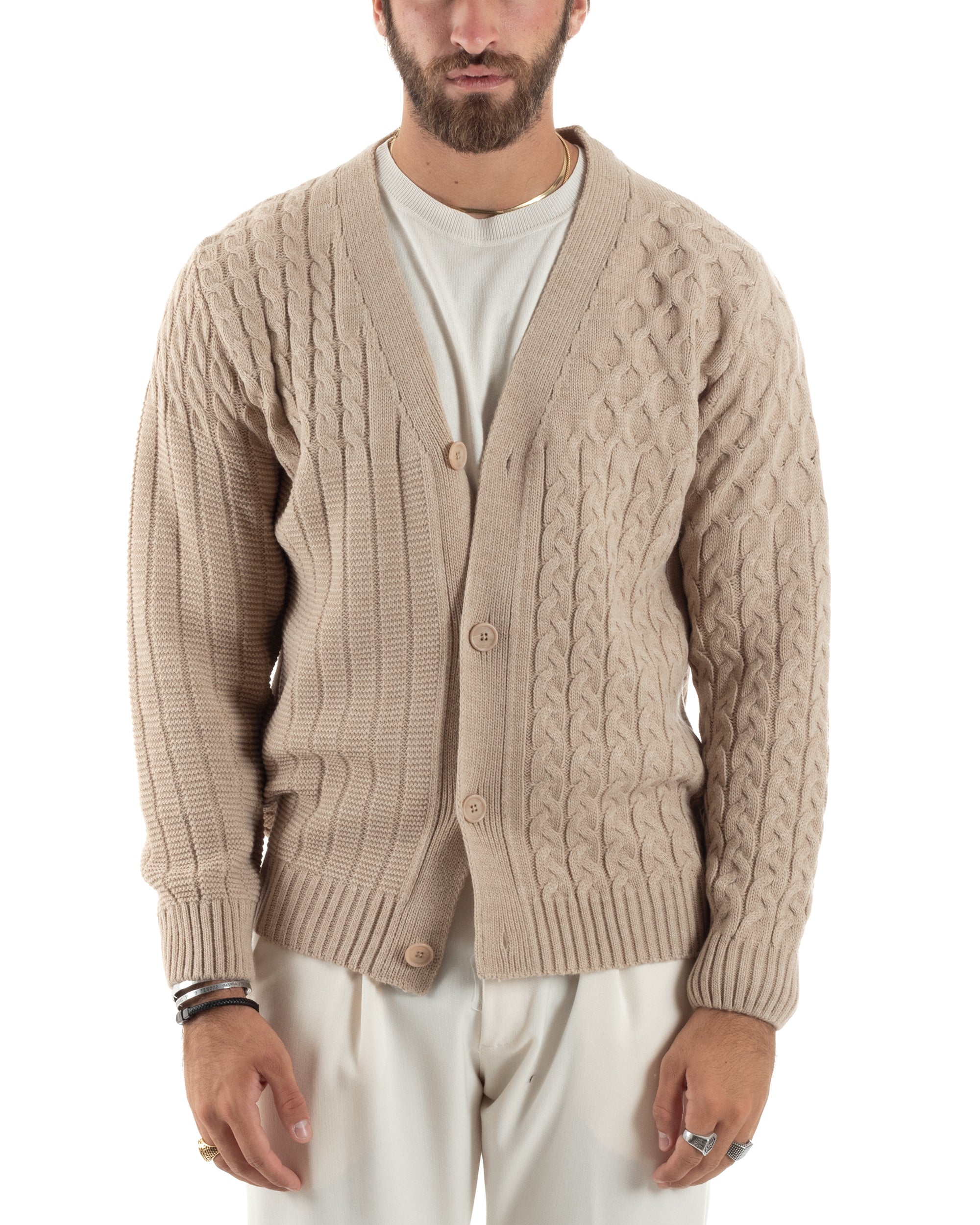 Cardigan Uomo Scollo V Maglia Con Trecce Maglioncino Giacca Con Bottoni Casual Beige GIOSAL-M2847A