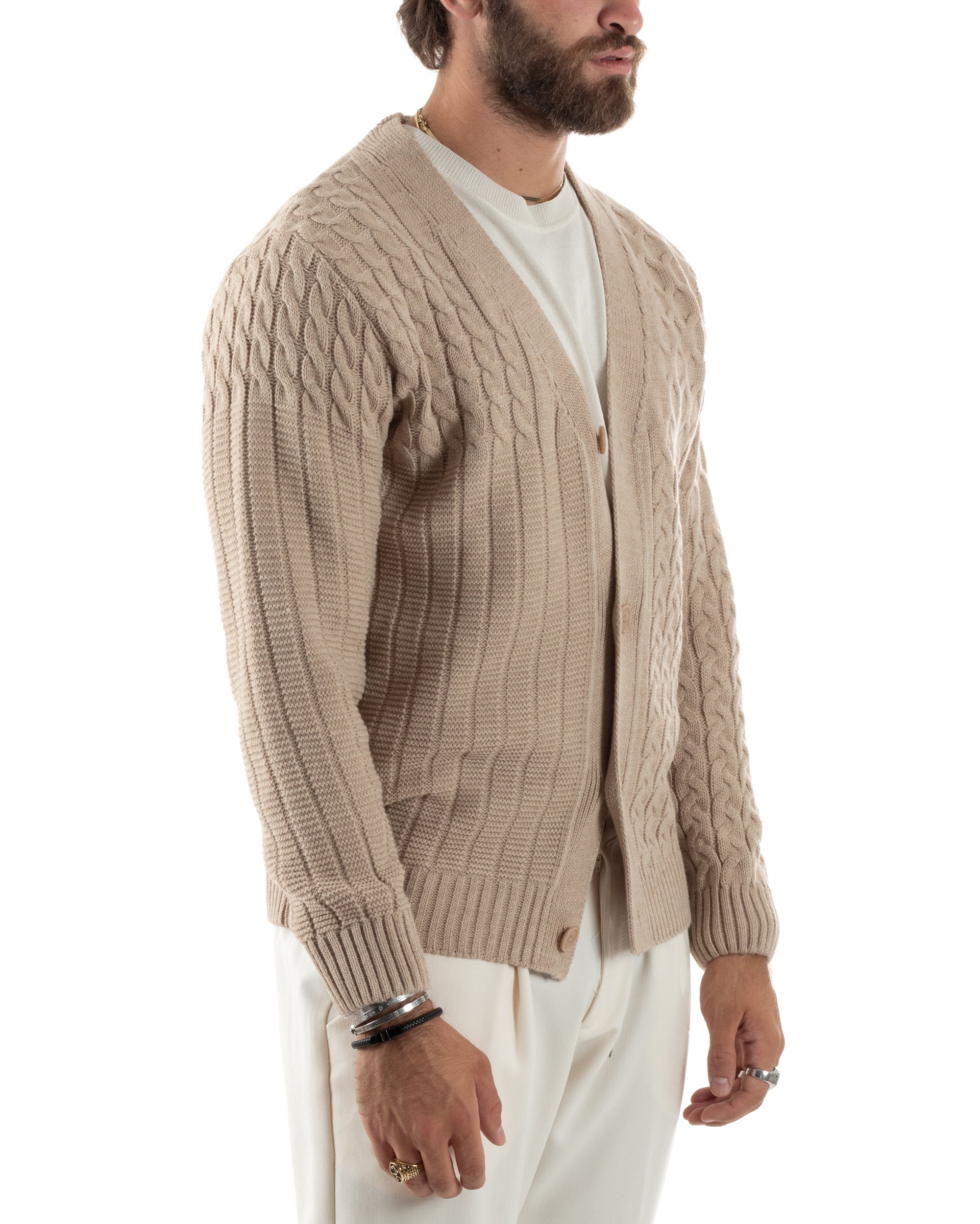 Cardigan Uomo Scollo V Maglia Con Trecce Maglioncino Giacca Con Bottoni Casual Beige GIOSAL-M2847A