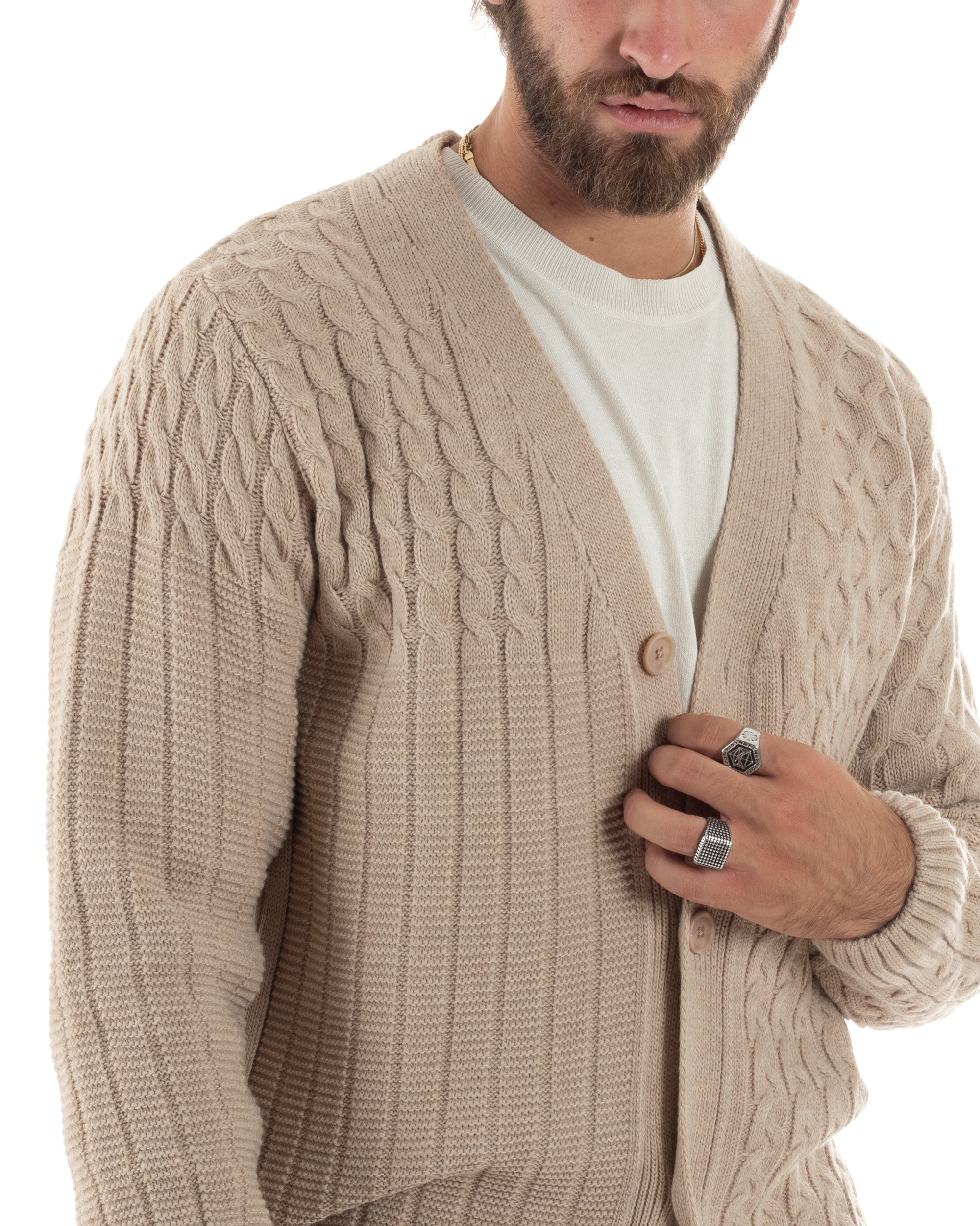 Cardigan Uomo Scollo V Maglia Con Trecce Maglioncino Giacca Con Bottoni Casual Beige GIOSAL-M2847A