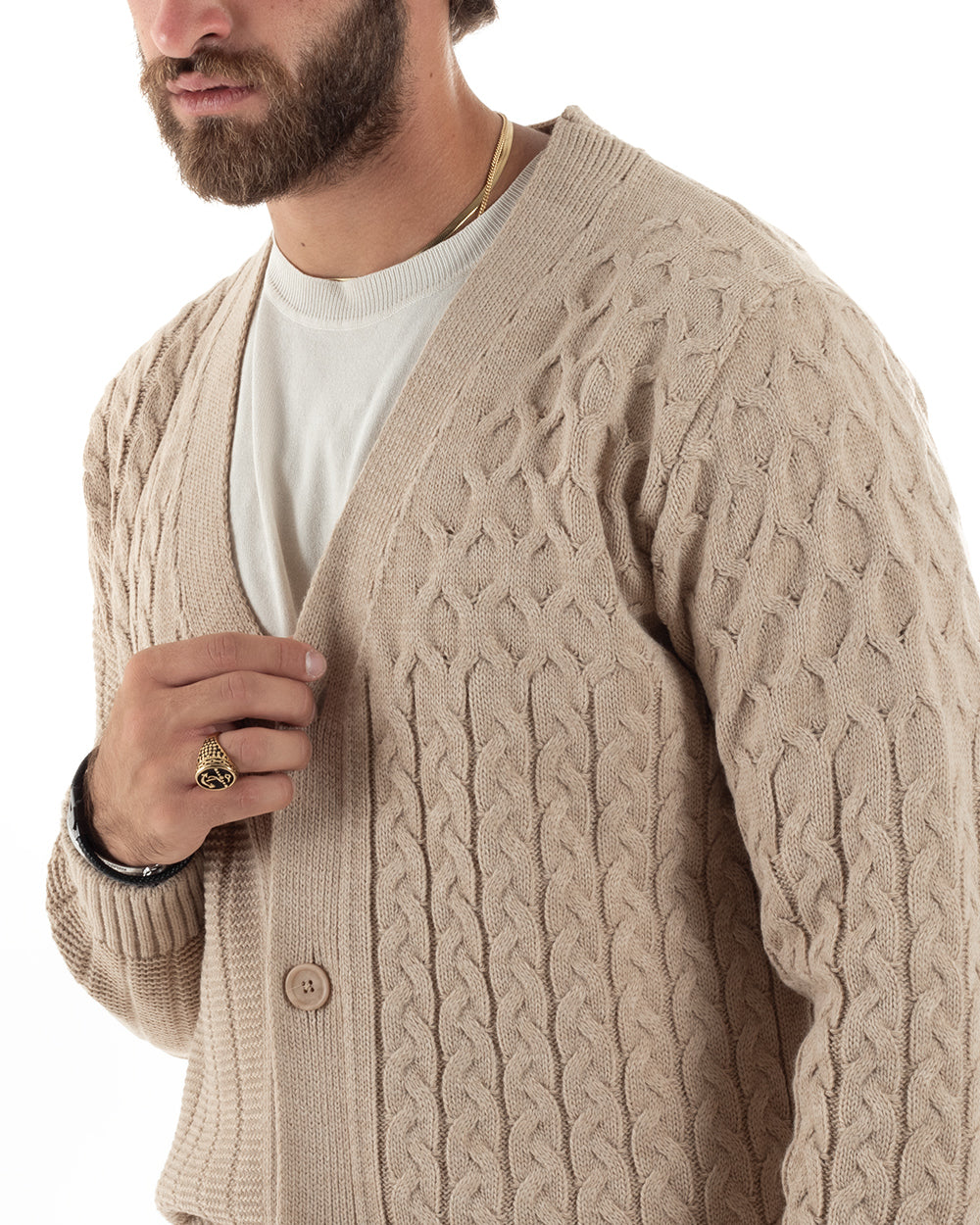 Cardigan Uomo Scollo V Maglia Con Trecce Maglioncino Giacca Con Bottoni Casual Beige GIOSAL-M2847A