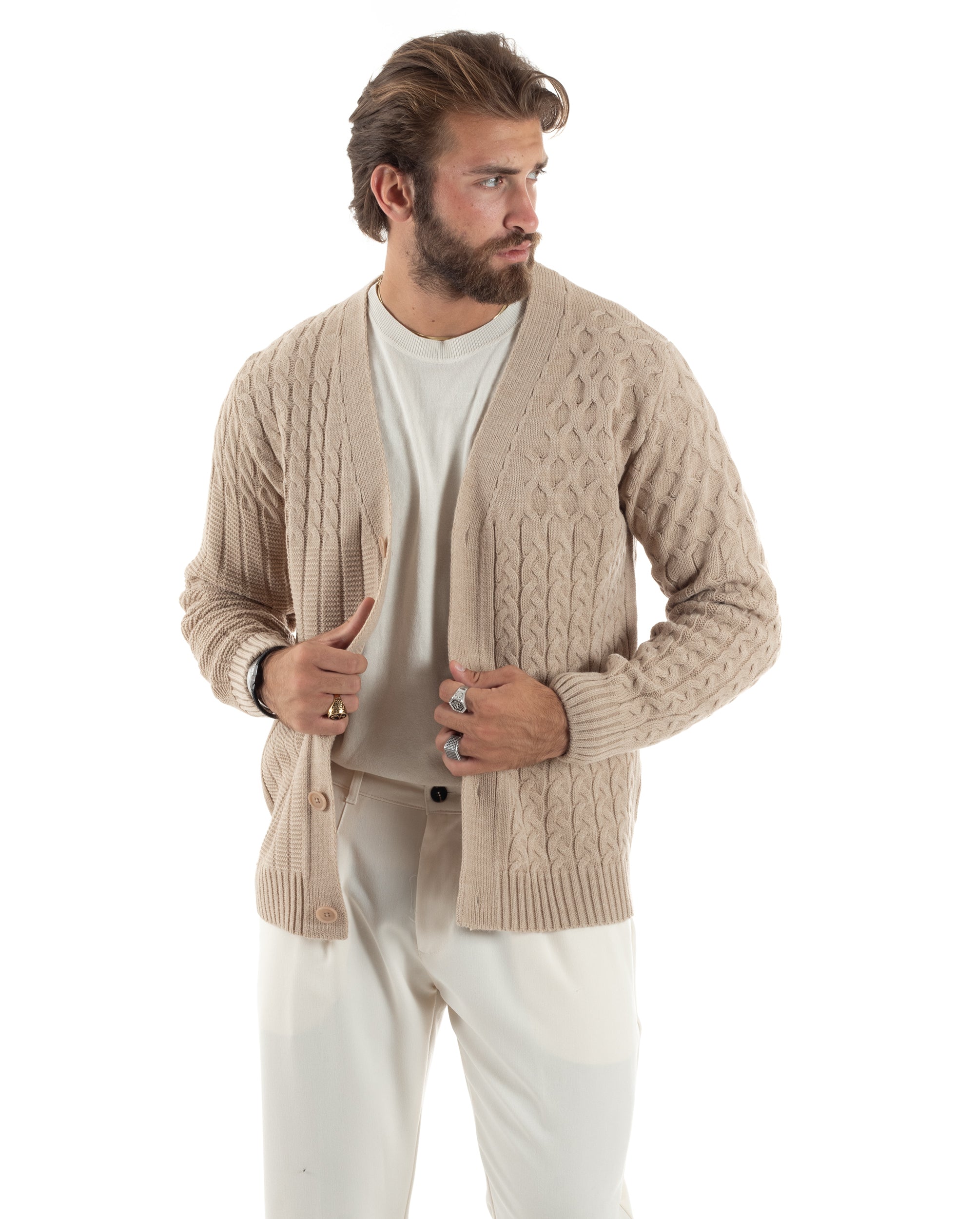 Cardigan Uomo Scollo V Maglia Con Trecce Maglioncino Giacca Con Bottoni Casual Beige GIOSAL-M2847A