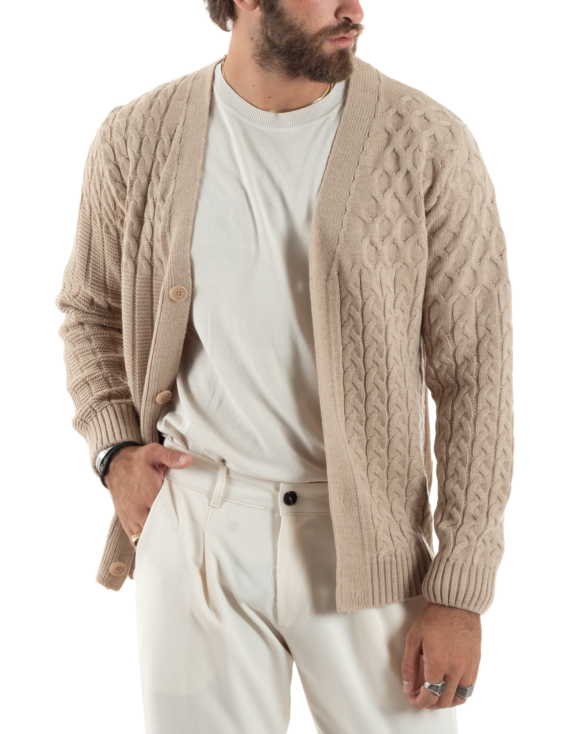 Cardigan Uomo Scollo V Maglia Con Trecce Maglioncino Giacca Con Bottoni Casual Beige GIOSAL-M2847A