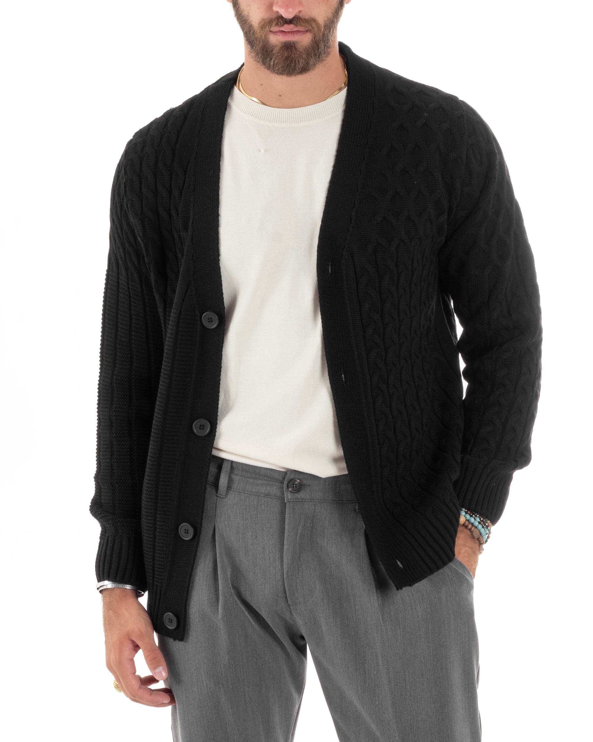 Cardigan Uomo Scollo V Maglia Con Trecce Maglioncino Giacca Con Bottoni Casual Nero GIOSAL-M2848A