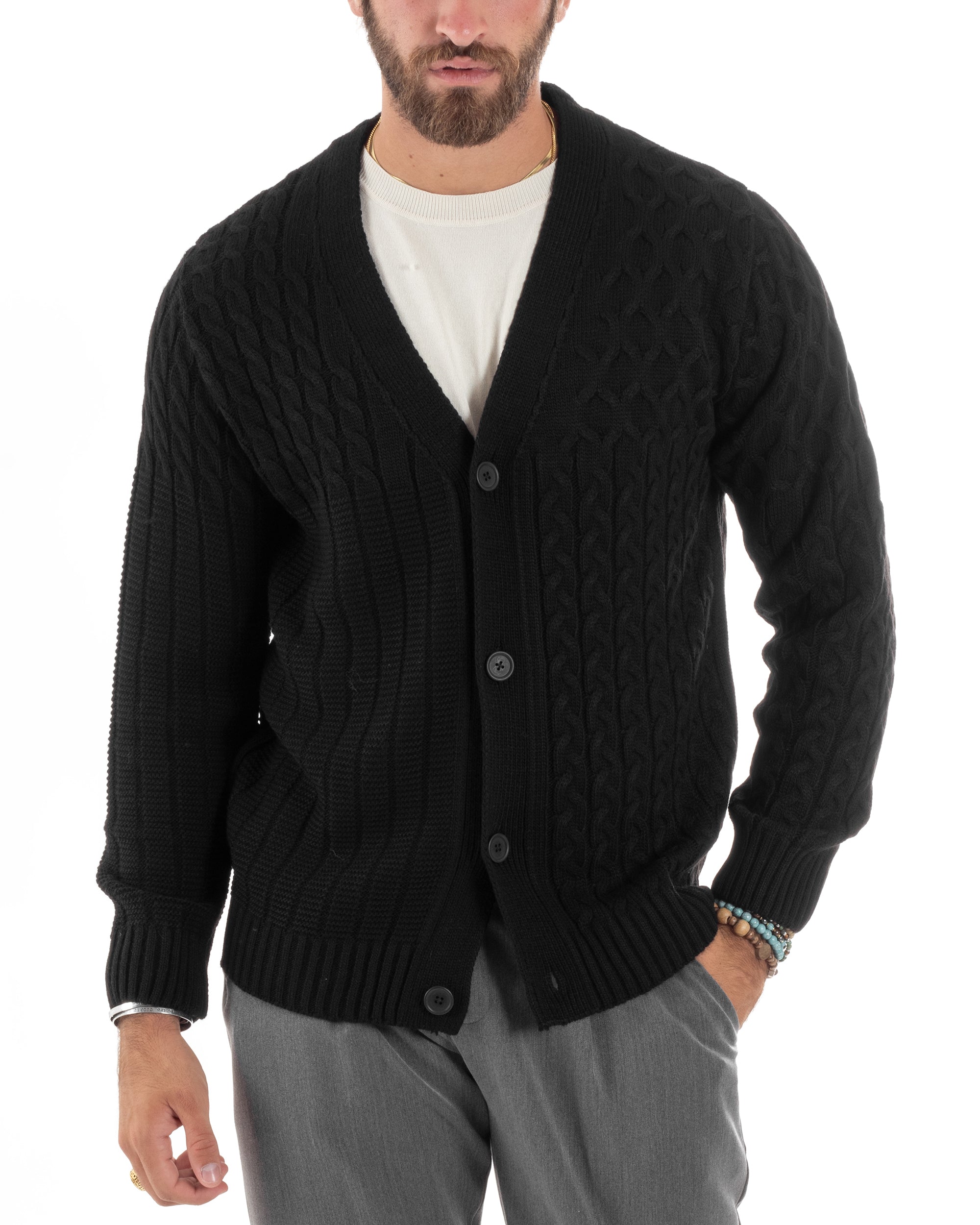 Cardigan Uomo Scollo V Maglia Con Trecce Maglioncino Giacca Con Bottoni Casual Nero GIOSAL-M2848A