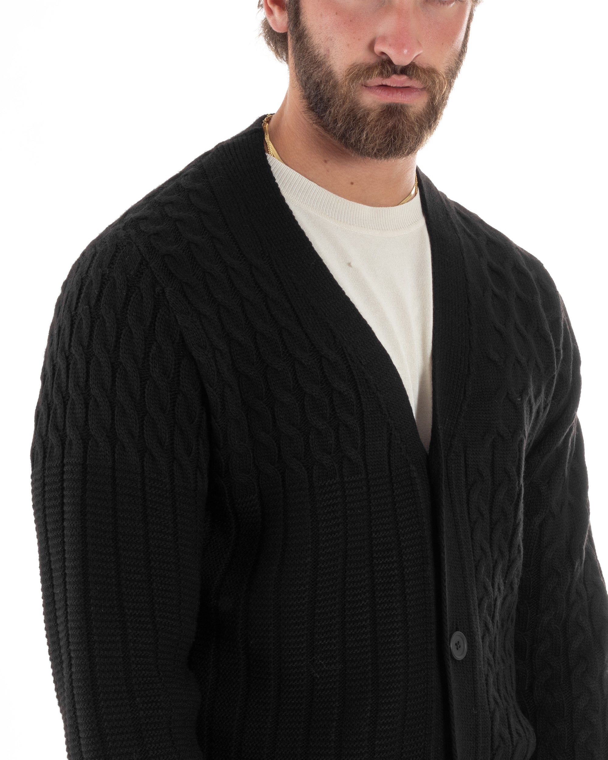 Cardigan Uomo Scollo V Maglia Con Trecce Maglioncino Giacca Con Bottoni Casual Nero GIOSAL-M2848A