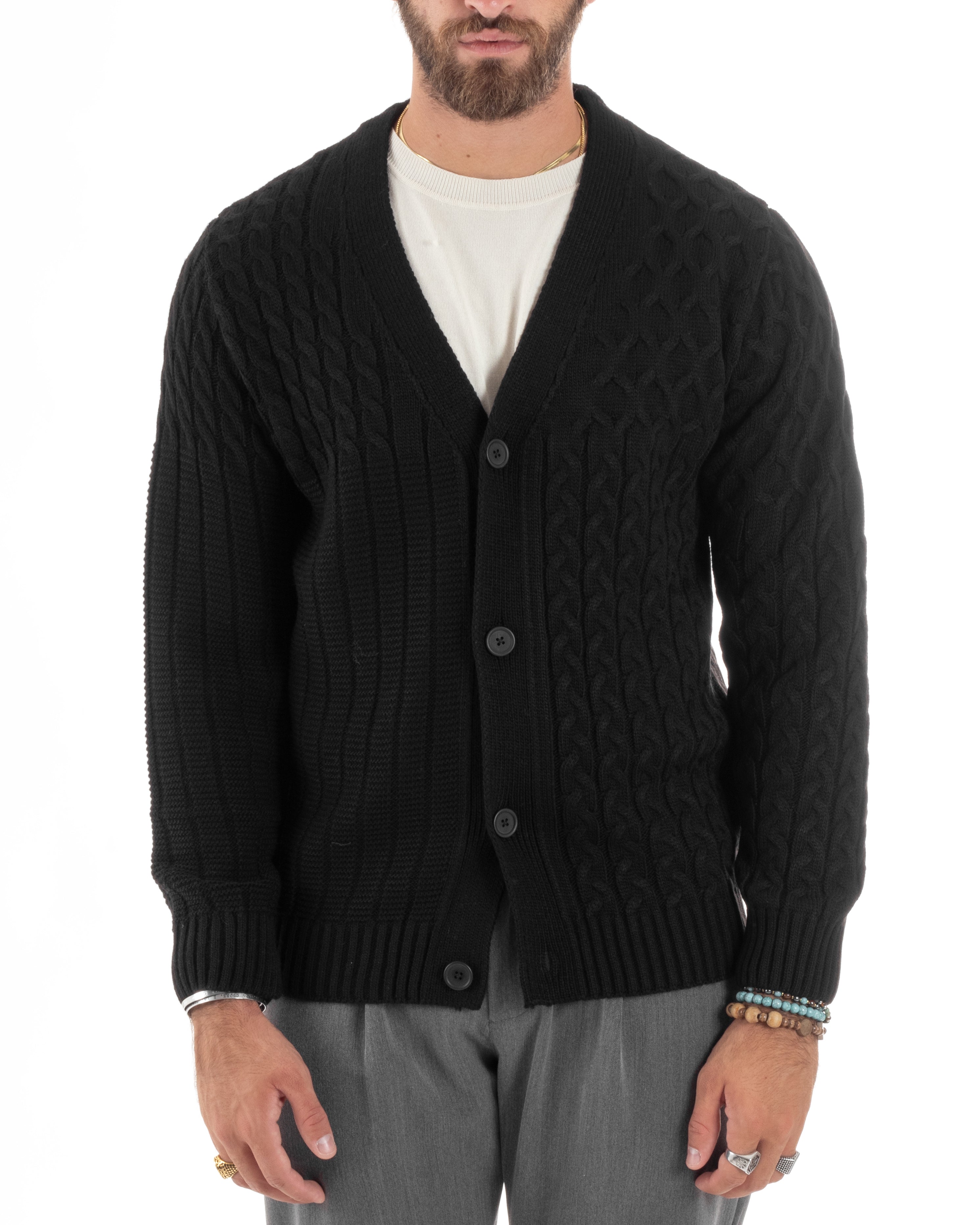 Cardigan Uomo Scollo V Maglia Con Trecce Maglioncino Giacca Con Bottoni Casual Nero GIOSAL-M2848A