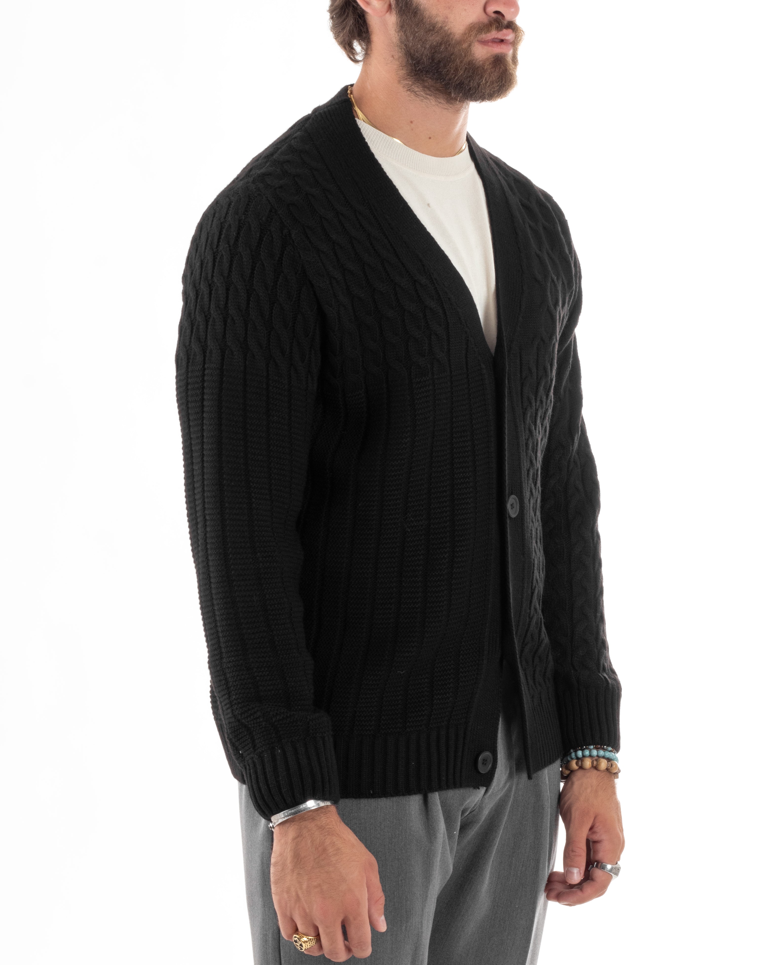 Cardigan Uomo Scollo V Maglia Con Trecce Maglioncino Giacca Con Bottoni Casual Nero GIOSAL-M2848A