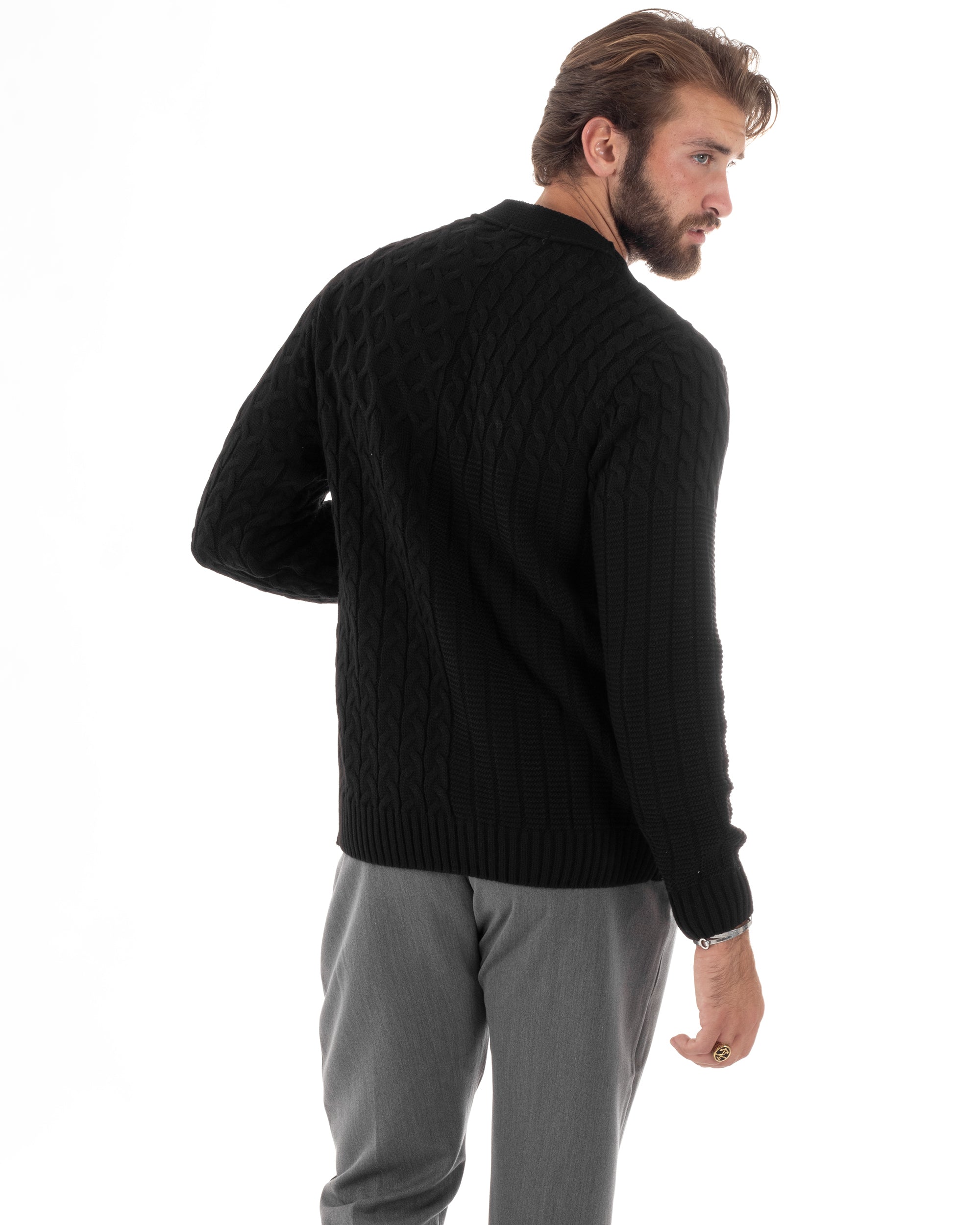 Cardigan Uomo Scollo V Maglia Con Trecce Maglioncino Giacca Con Bottoni Casual Nero GIOSAL-M2848A