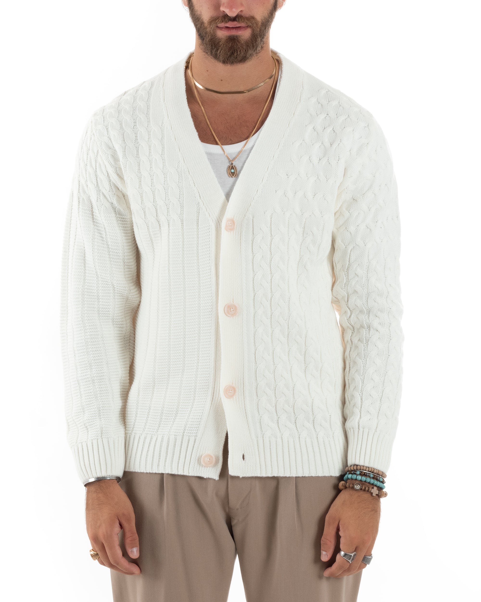 Cardigan Uomo Scollo V Maglia Con Trecce Maglioncino Giacca Con Bottoni Casual Panna GIOSAL-M2849A