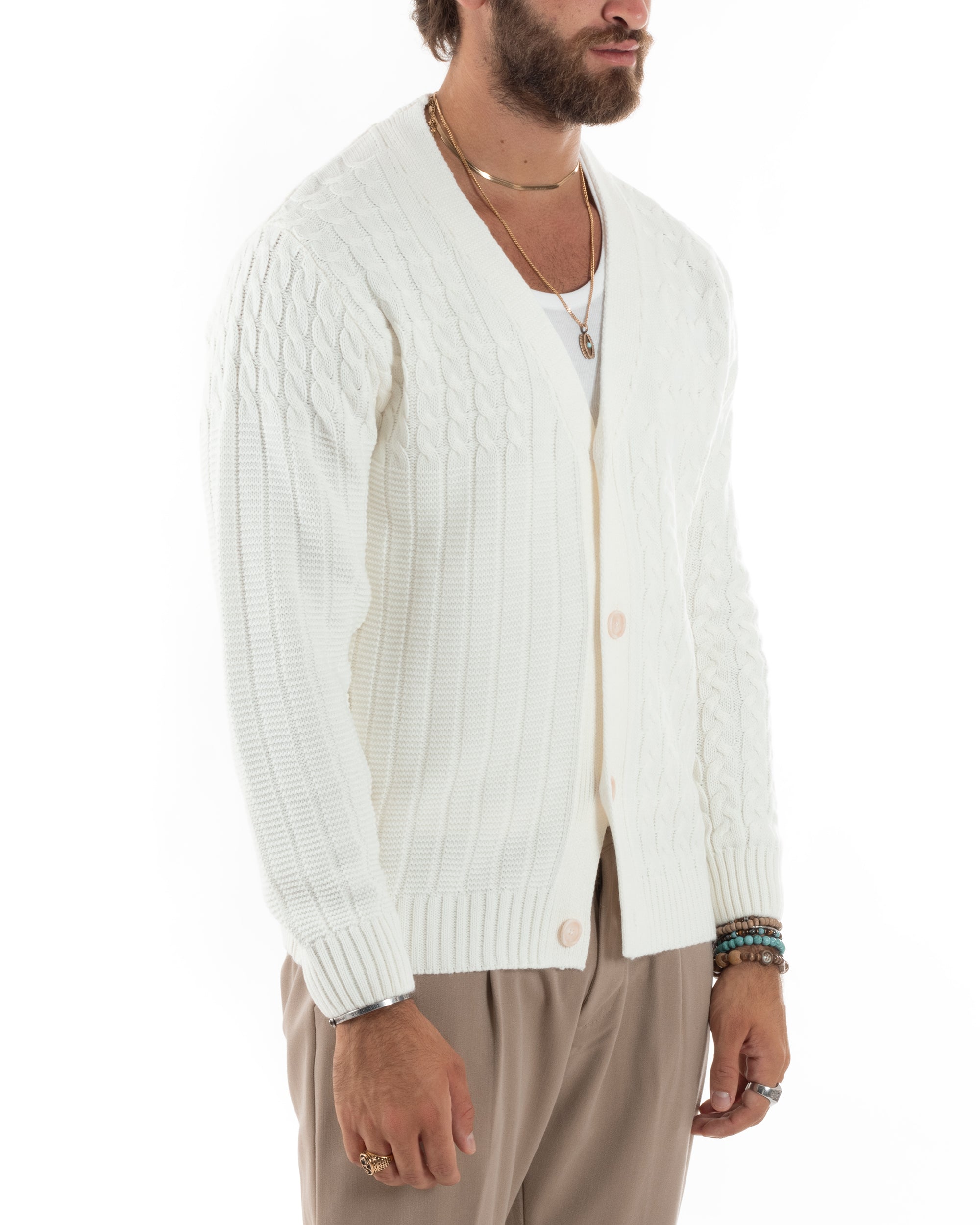 Cardigan Uomo Scollo V Maglia Con Trecce Maglioncino Giacca Con Bottoni Casual Panna GIOSAL-M2849A