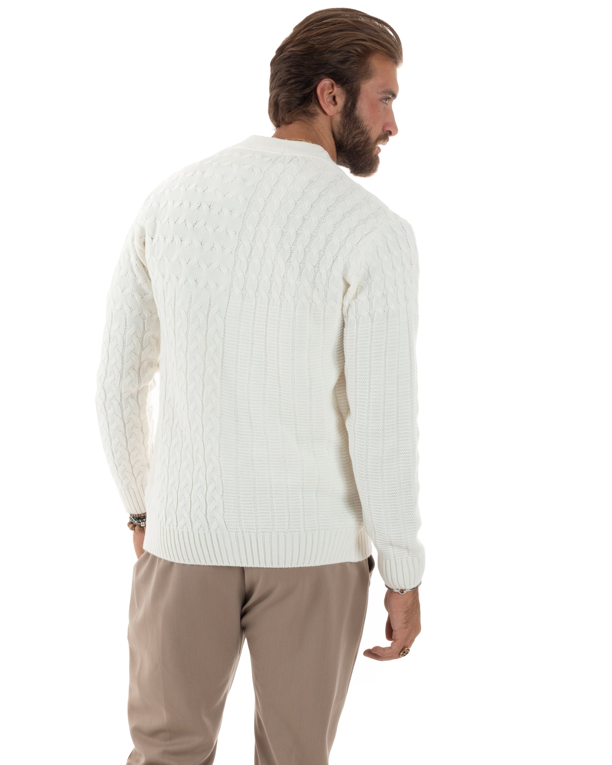 Cardigan Uomo Scollo V Maglia Con Trecce Maglioncino Giacca Con Bottoni Casual Panna GIOSAL-M2849A