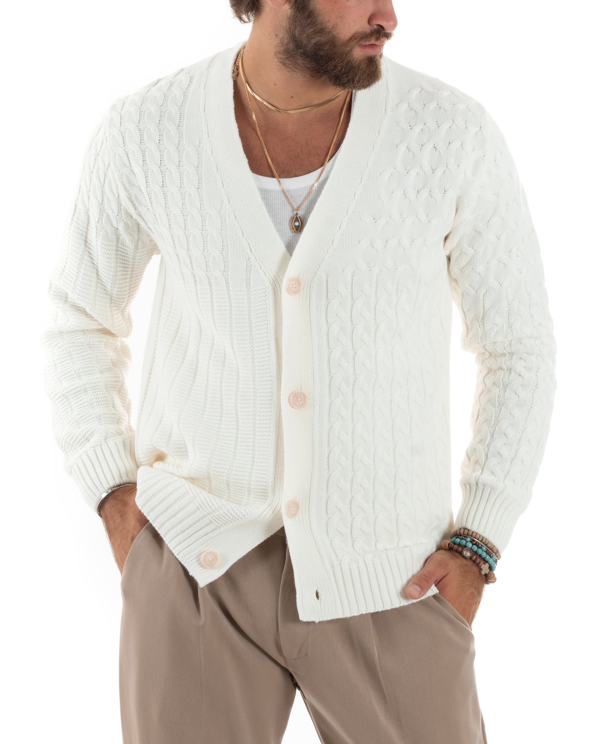 Cardigan Uomo Scollo V Maglia Con Trecce Maglioncino Giacca Con Bottoni Casual Panna GIOSAL-M2849A