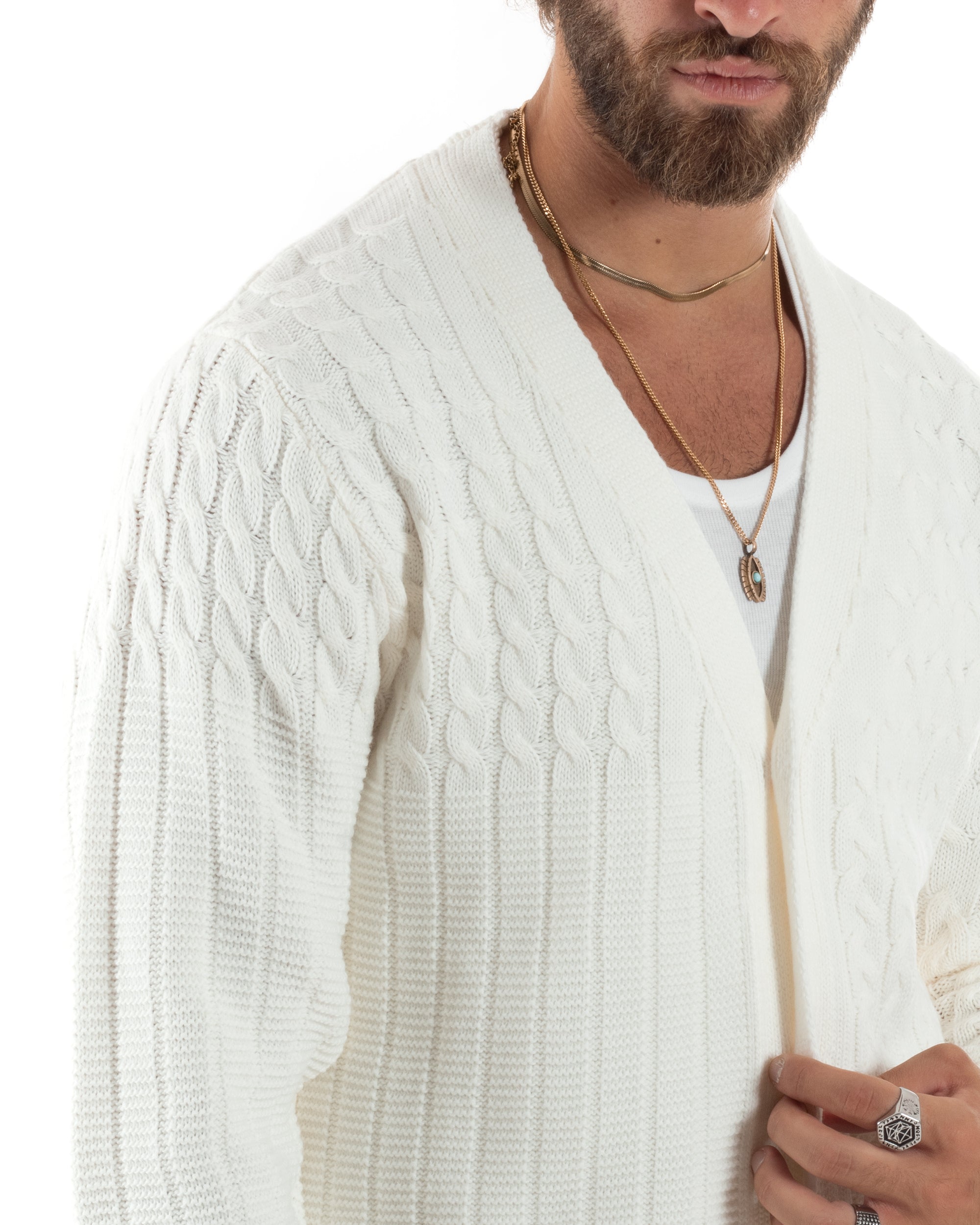 Cardigan Uomo Scollo V Maglia Con Trecce Maglioncino Giacca Con Bottoni Casual Panna GIOSAL-M2849A