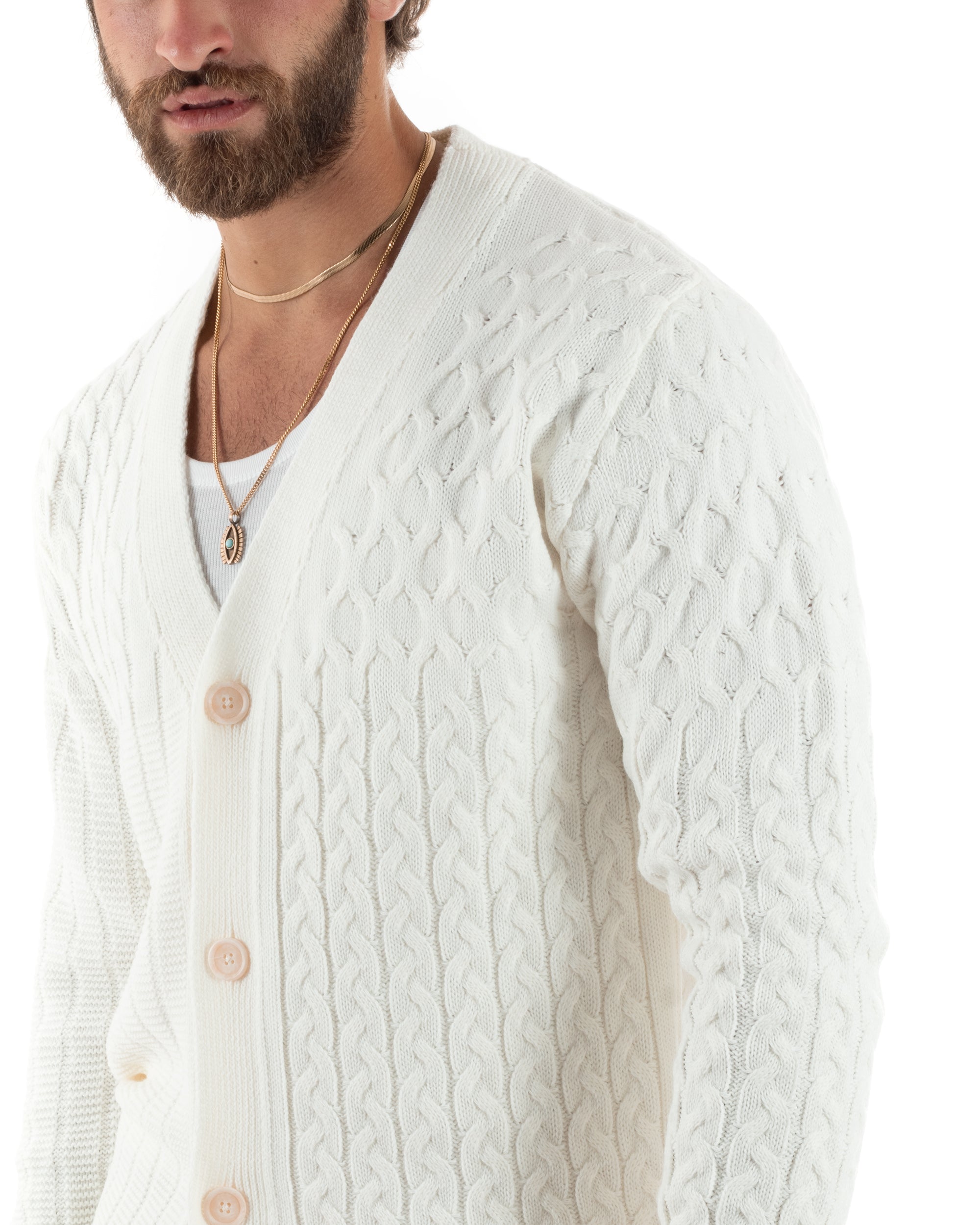 Cardigan Uomo Scollo V Maglia Con Trecce Maglioncino Giacca Con Bottoni Casual Panna GIOSAL-M2849A