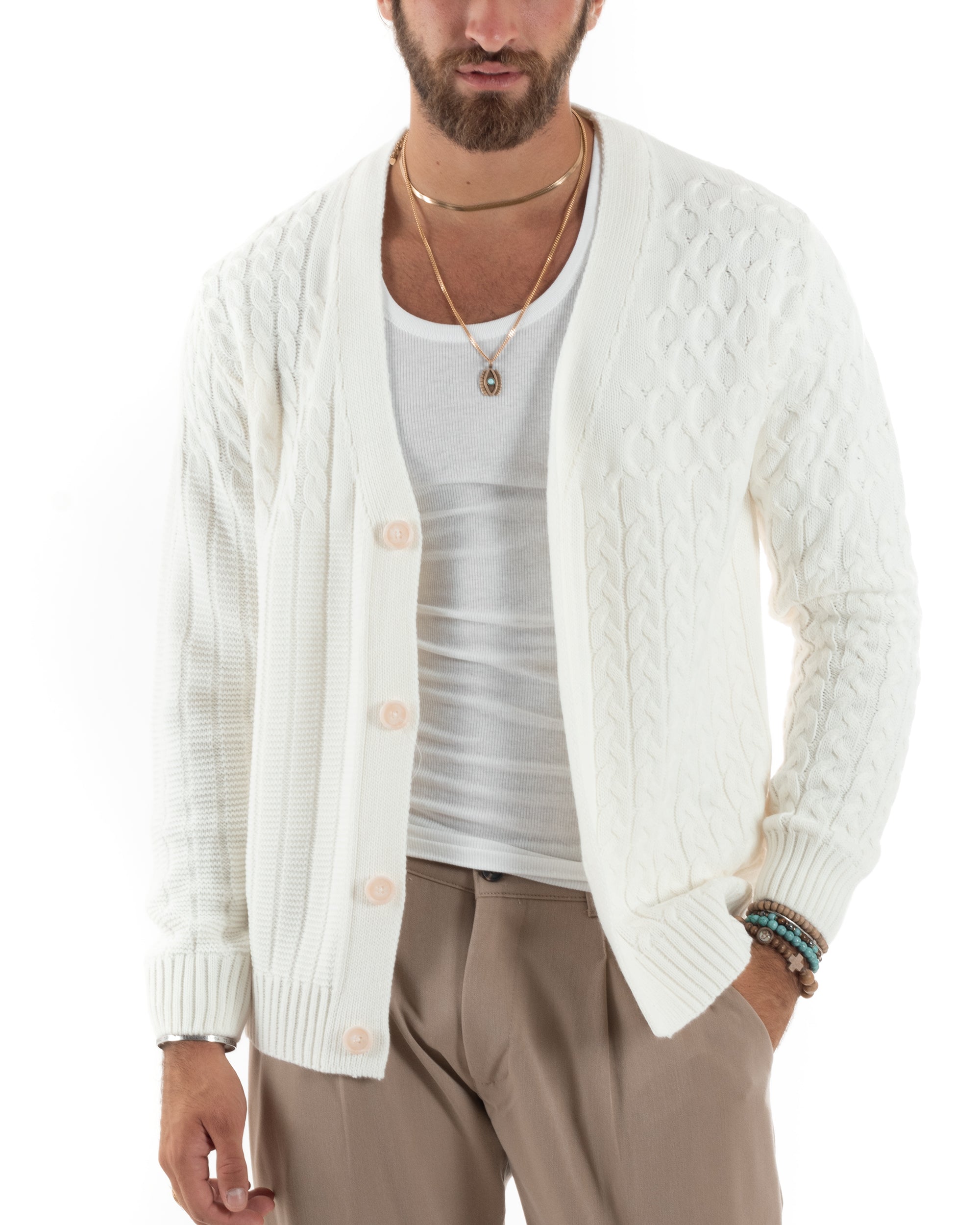 Cardigan Uomo Scollo V Maglia Con Trecce Maglioncino Giacca Con Bottoni Casual Panna GIOSAL-M2849A