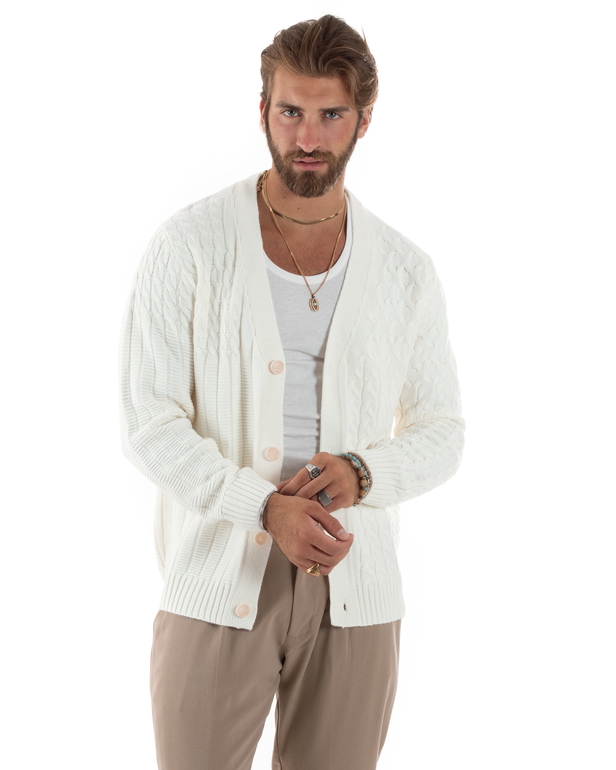 Cardigan Uomo Scollo V Maglia Con Trecce Maglioncino Giacca Con Bottoni Casual Panna GIOSAL-M2849A