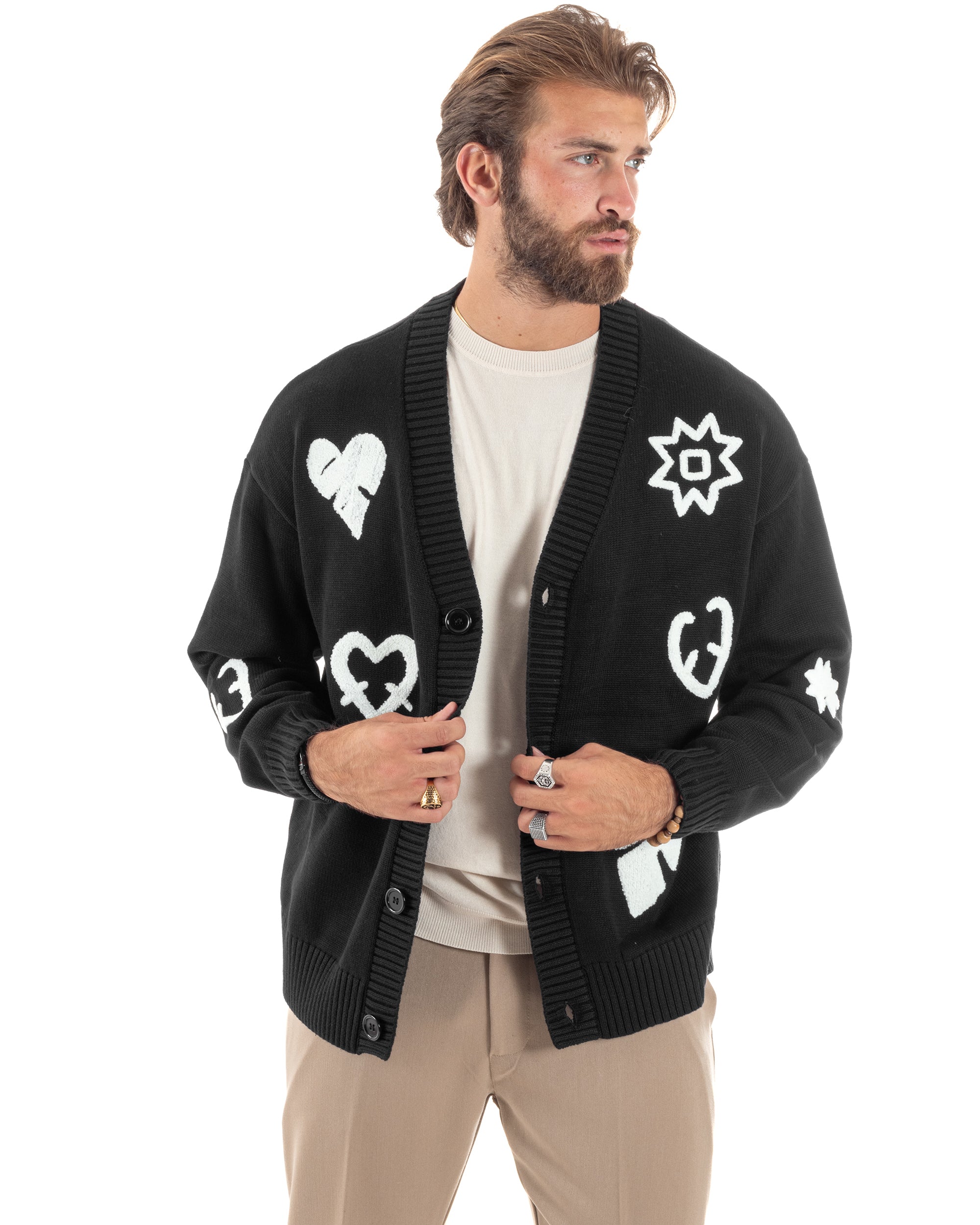 Cardigan Uomo Scollo a V Maglia Con Bottoni Maniche Lunghe Oversize Casual Ricami Nero GIOSAL-M2850A