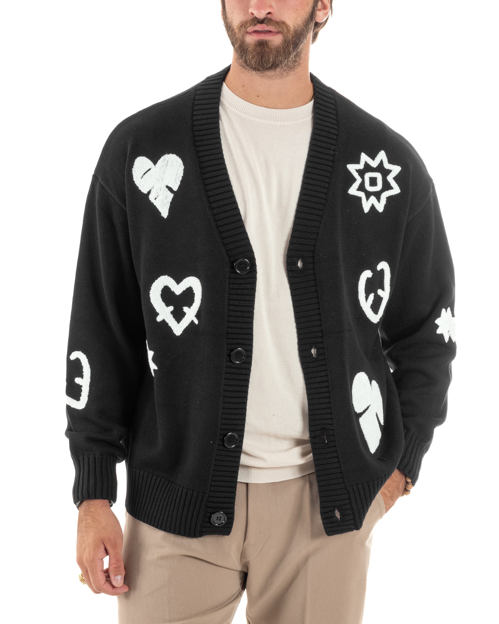 Cardigan Uomo Scollo a V Maglia Con Bottoni Maniche Lunghe Oversize Casual Ricami Nero GIOSAL-M2850A