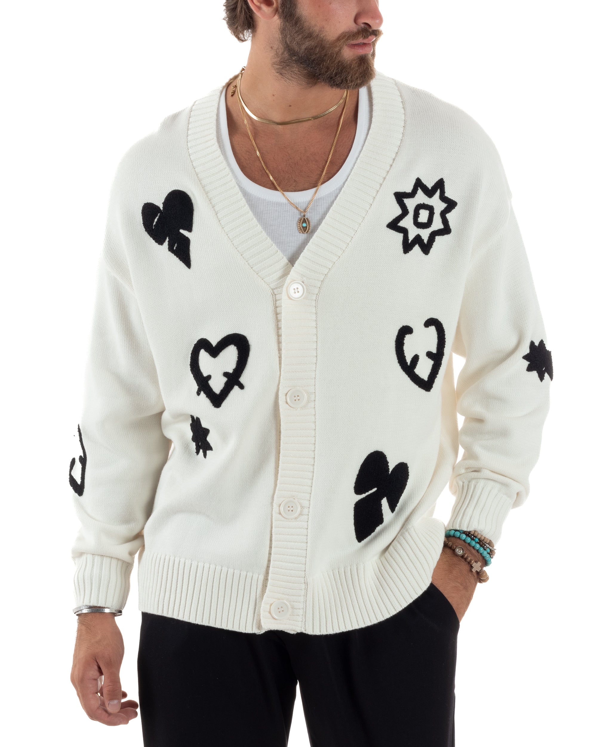 Cardigan Uomo Scollo a V Maglia Con Bottoni Maniche Lunghe Oversize Casual Ricami Bianco GIOSAL-M2851A