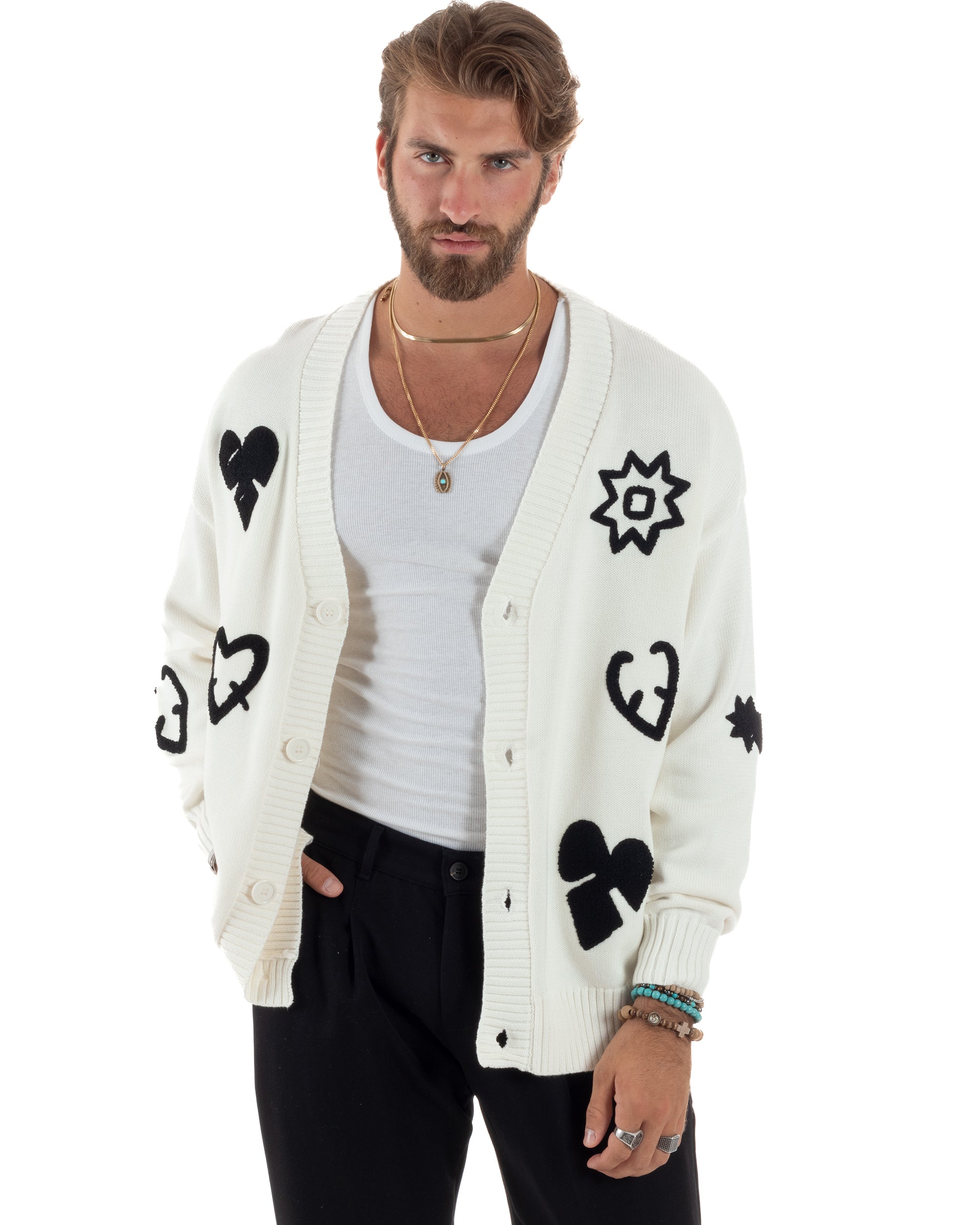 Cardigan Uomo Scollo a V Maglia Con Bottoni Maniche Lunghe Oversize Casual Ricami Bianco GIOSAL-M2851A