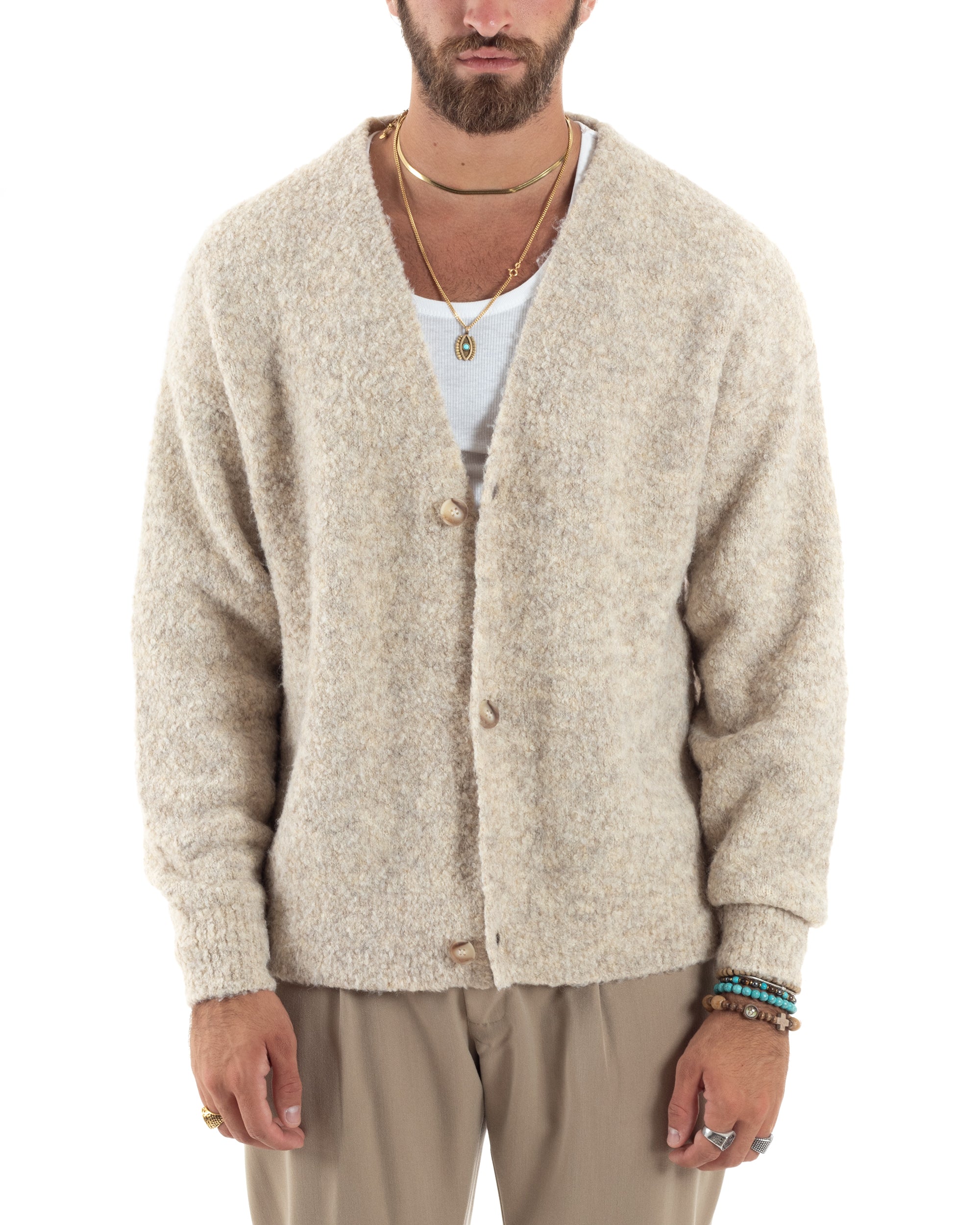 Cardigan Uomo Teddy Maglia Con Bottoni Scollo a V Maniche Lunghe Casual Morbido Beige GIOSAL-M2852A