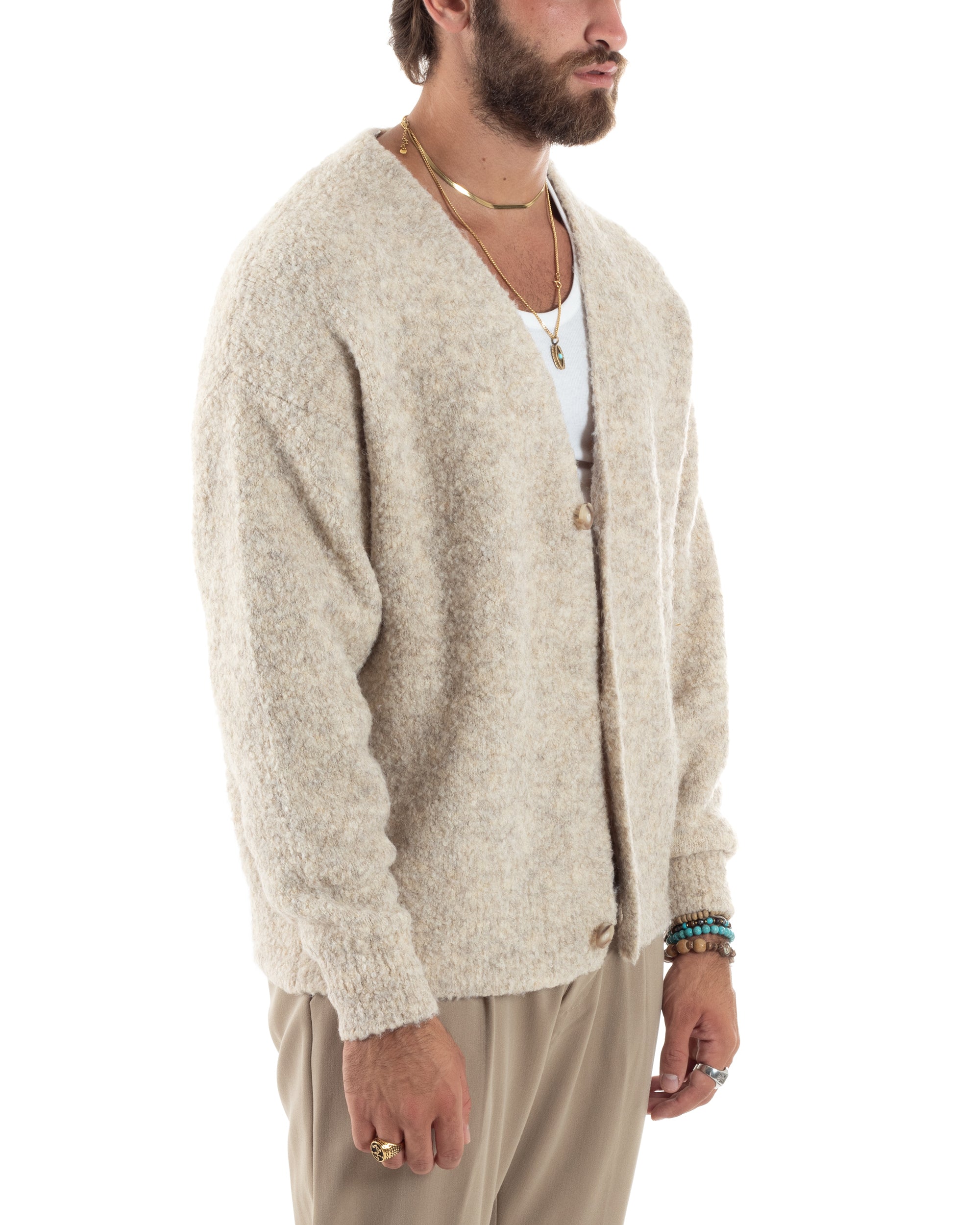 Cardigan Uomo Teddy Maglia Con Bottoni Scollo a V Maniche Lunghe Casual Morbido Beige GIOSAL-M2852A