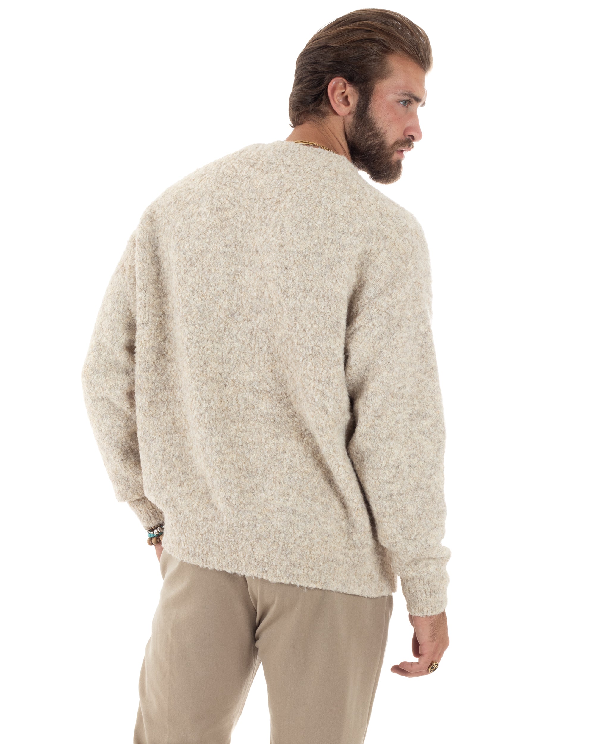 Cardigan Uomo Teddy Maglia Con Bottoni Scollo a V Maniche Lunghe Casual Morbido Beige GIOSAL-M2852A