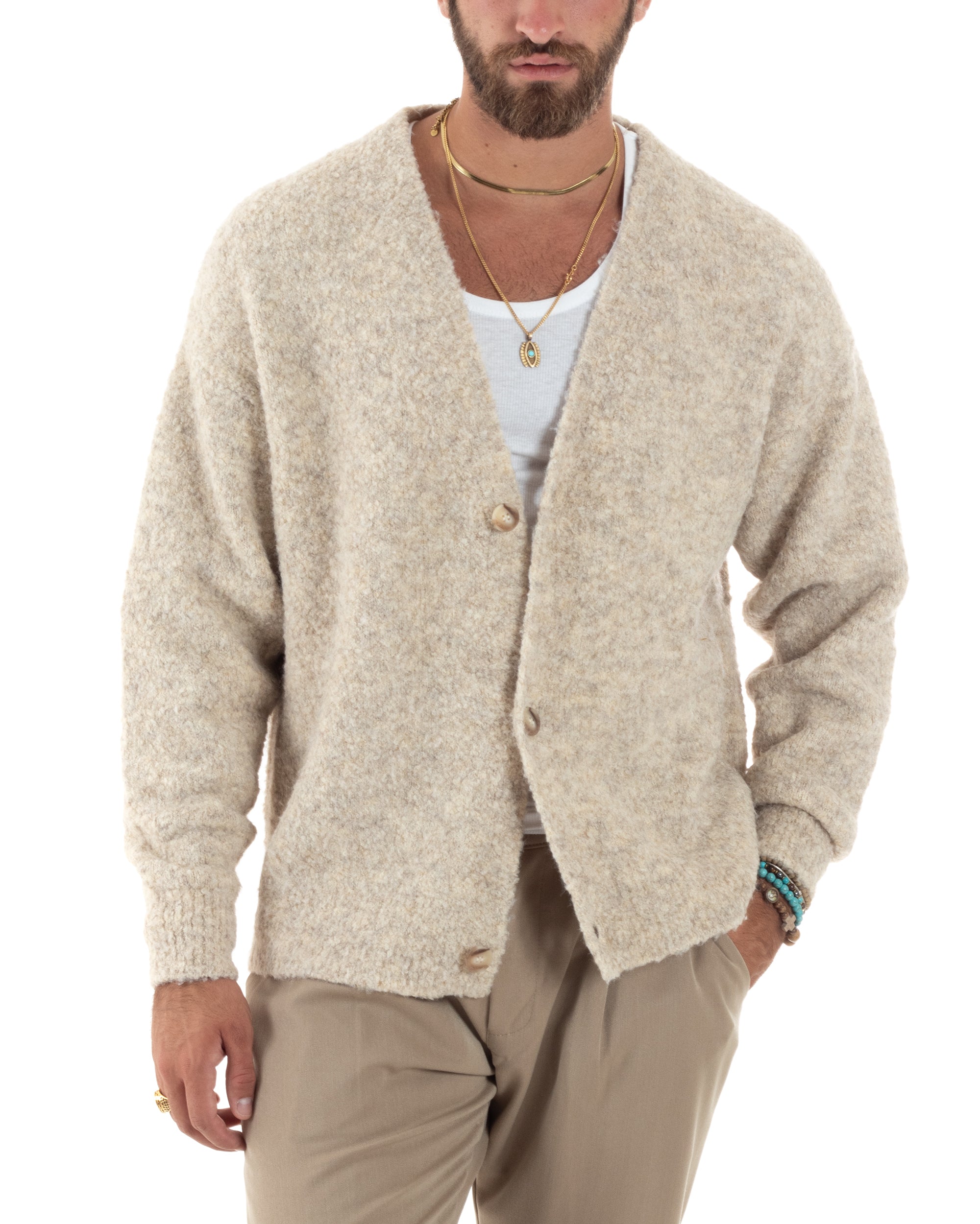 Cardigan Uomo Teddy Maglia Con Bottoni Scollo a V Maniche Lunghe Casual Morbido Beige GIOSAL-M2852A