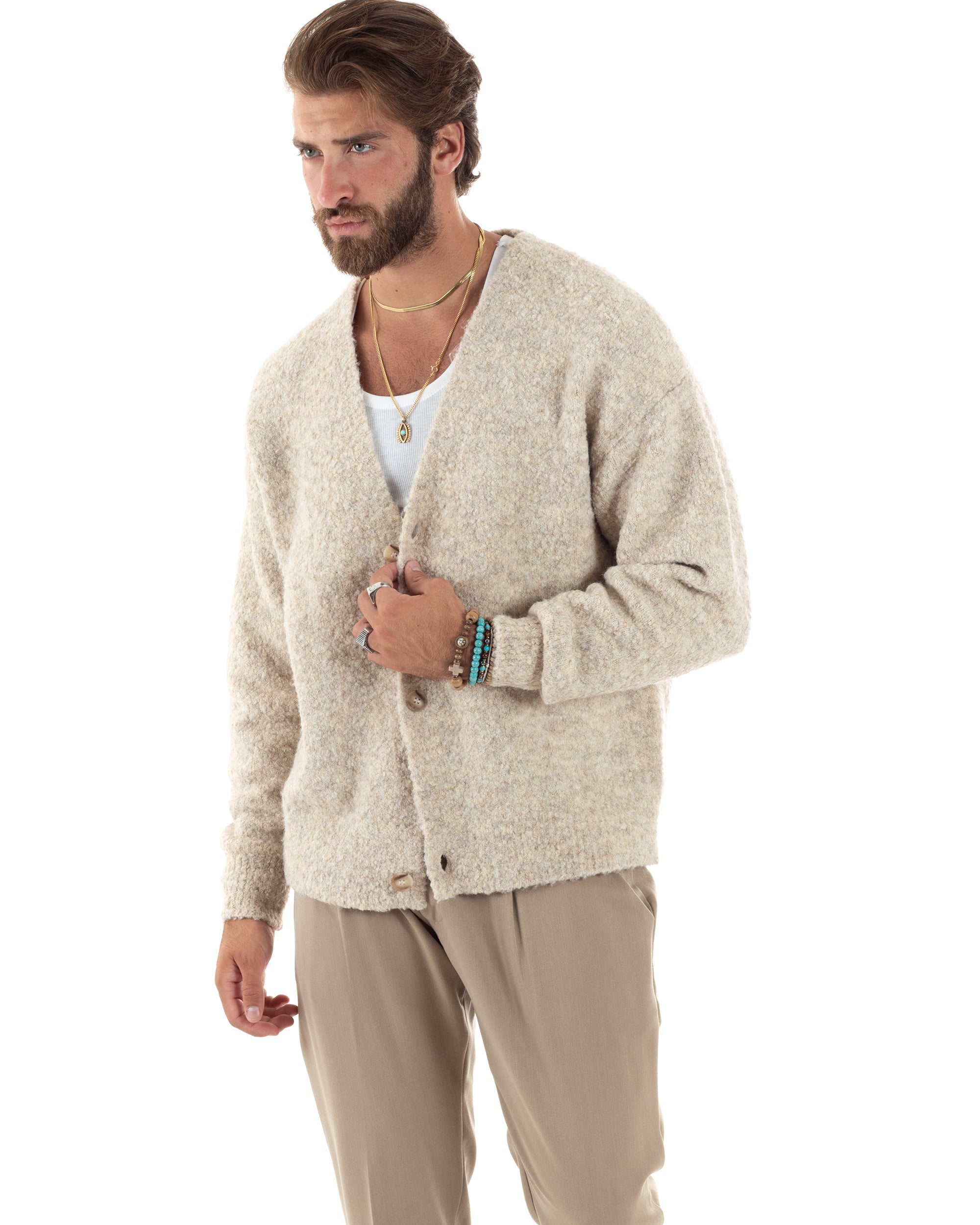 Cardigan Uomo Teddy Maglia Con Bottoni Scollo a V Maniche Lunghe Casual Morbido Beige GIOSAL-M2852A