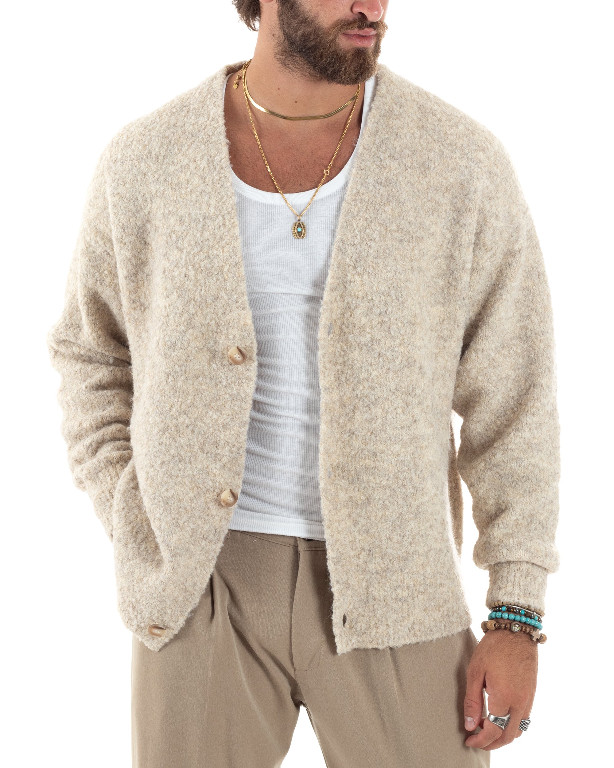 Cardigan Uomo Teddy Maglia Con Bottoni Scollo a V Maniche Lunghe Casual Morbido Beige GIOSAL-M2852A