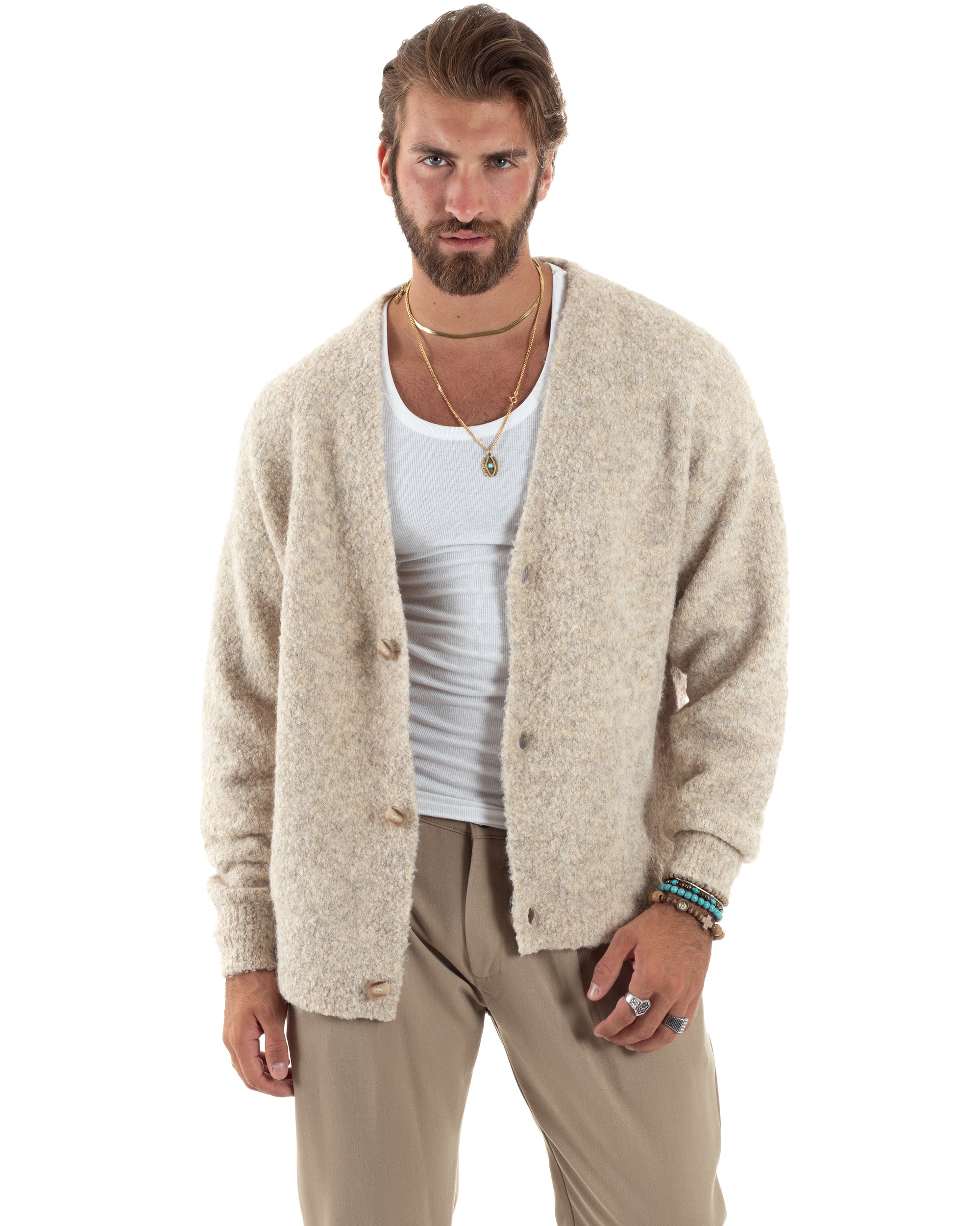 Cardigan Uomo Teddy Maglia Con Bottoni Scollo a V Maniche Lunghe Casual Morbido Beige GIOSAL-M2852A