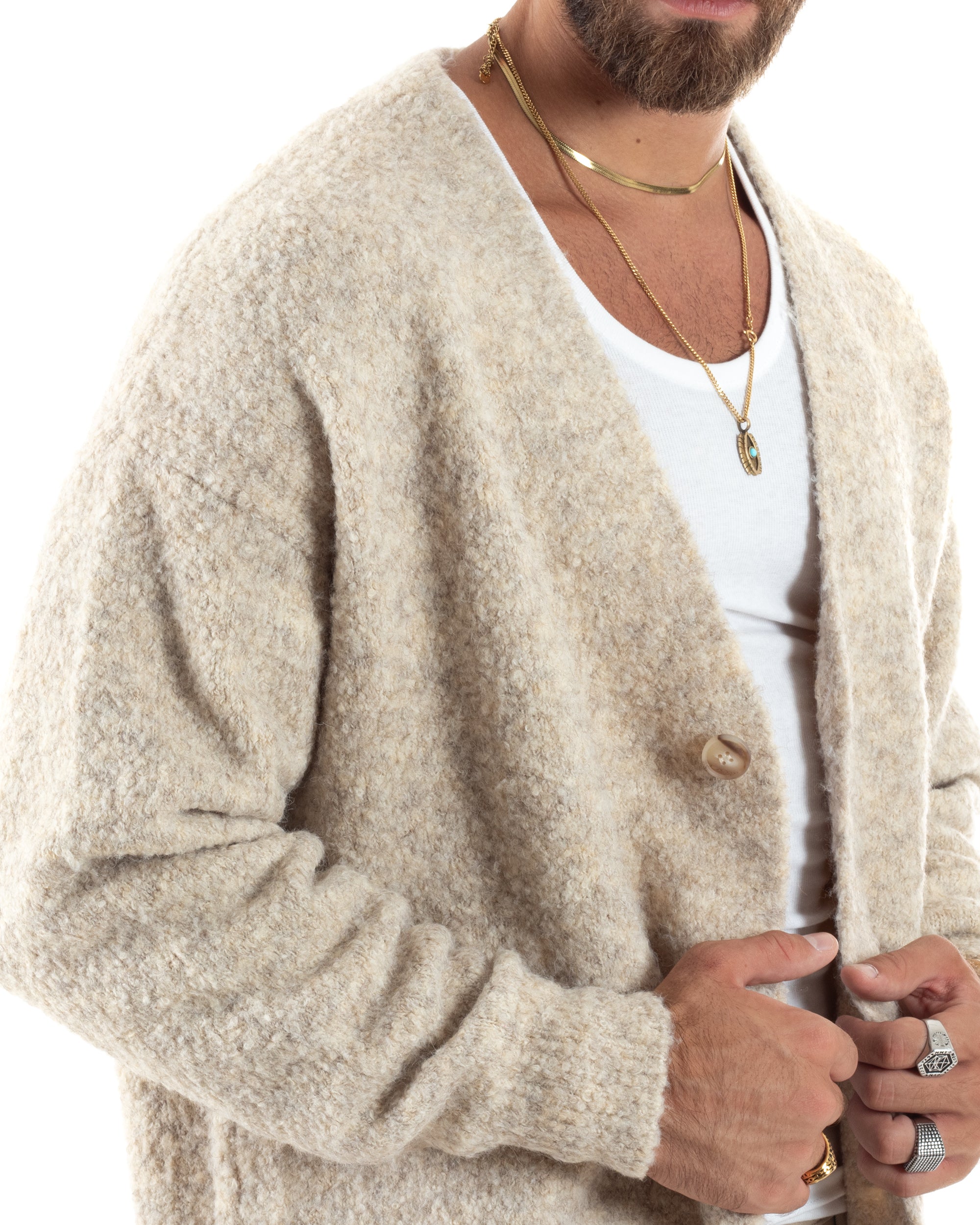 Cardigan Uomo Teddy Maglia Con Bottoni Scollo a V Maniche Lunghe Casual Morbido Beige GIOSAL-M2852A