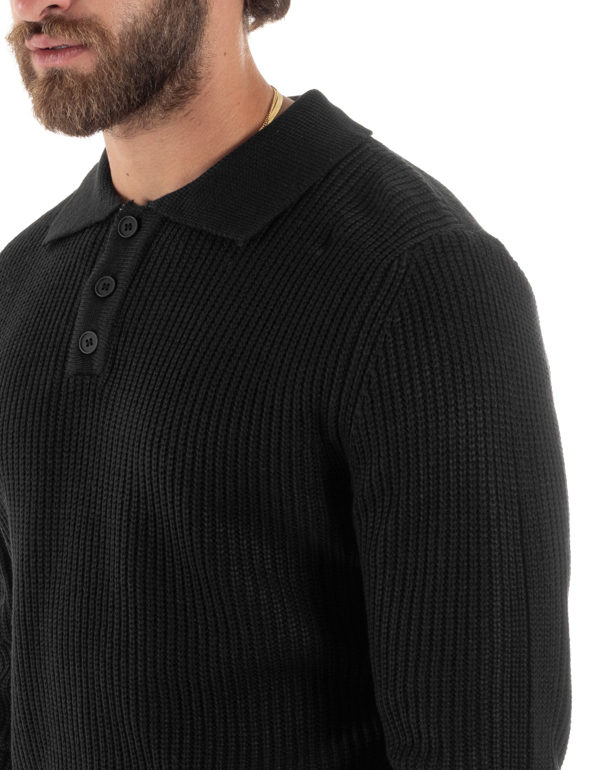 Maglioncino Uomo Maglia Inglese Casual Bottoni Polo Maniche Lunghe Tinta Unita Nero GIOSAL-M2853A