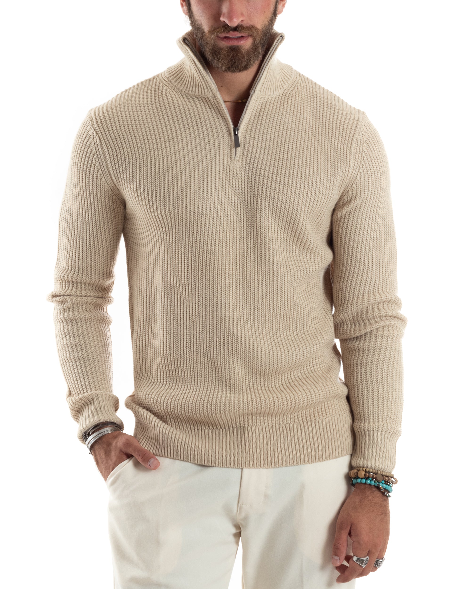 Maglioncino Uomo Scollo Con Cerniera Maglia Inglese Maniche Lunghe Basic Casual Tinta Unita Beige GIOSAL-M2856A