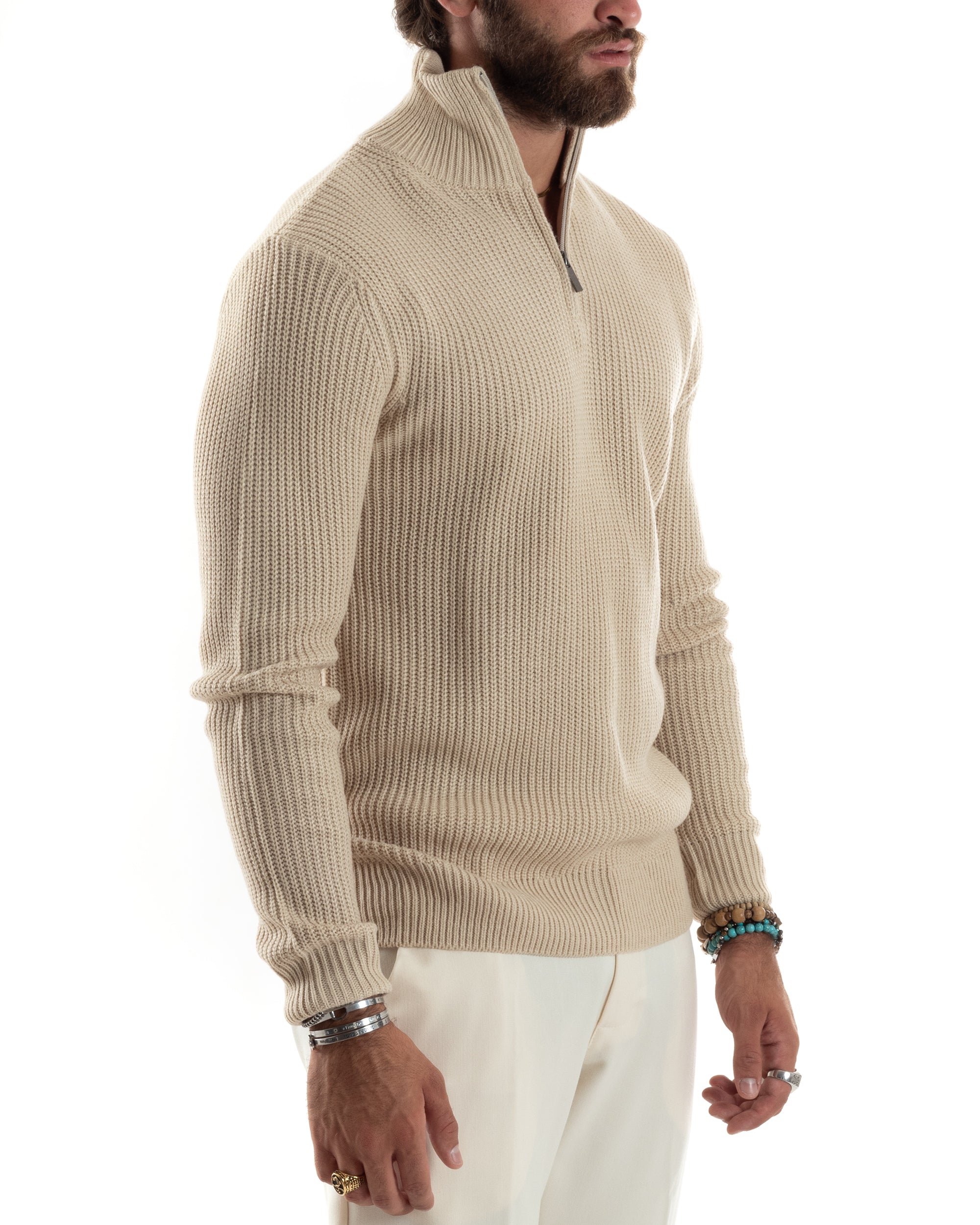 Maglioncino Uomo Scollo Con Cerniera Maglia Inglese Maniche Lunghe Basic Casual Tinta Unita Beige GIOSAL-M2856A