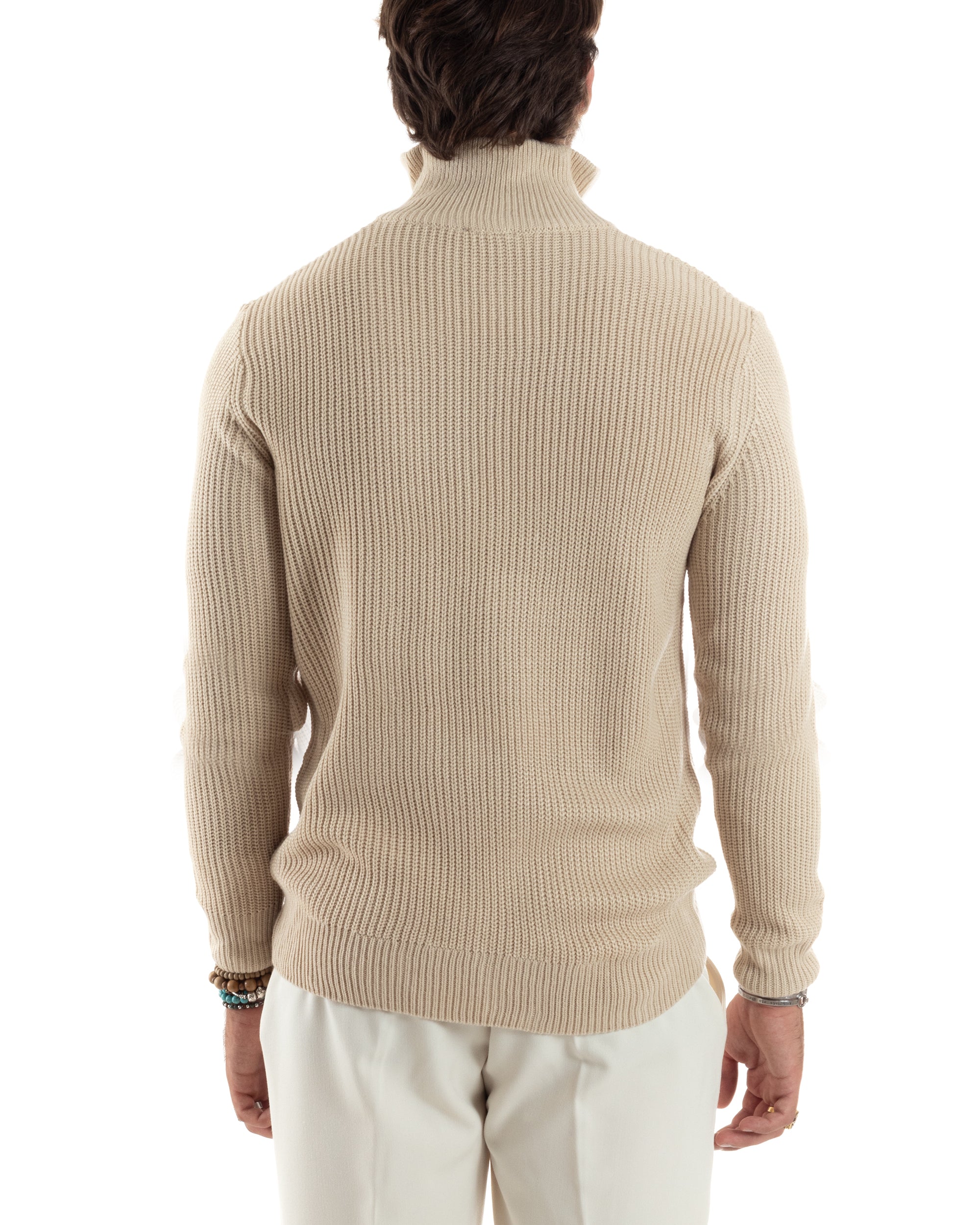 Maglioncino Uomo Scollo Con Cerniera Maglia Inglese Maniche Lunghe Basic Casual Tinta Unita Beige GIOSAL-M2856A