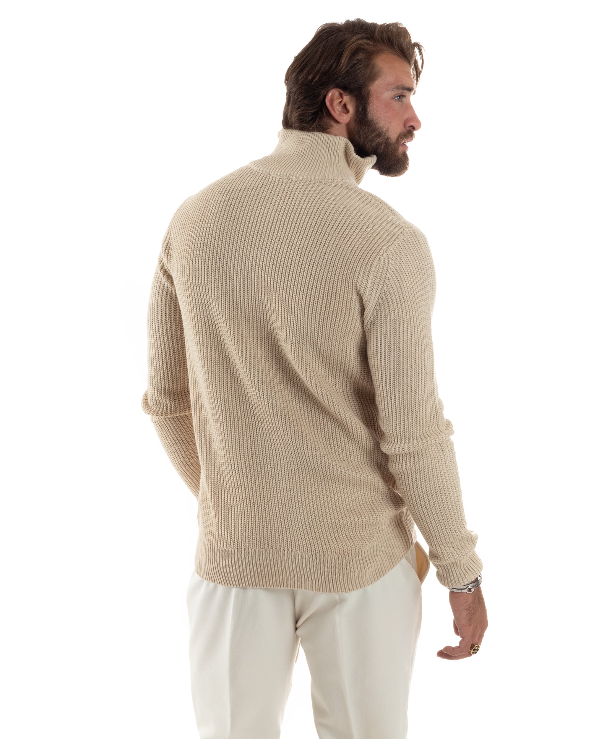 Maglioncino Uomo Scollo Con Cerniera Maglia Inglese Maniche Lunghe Basic Casual Tinta Unita Beige GIOSAL-M2856A