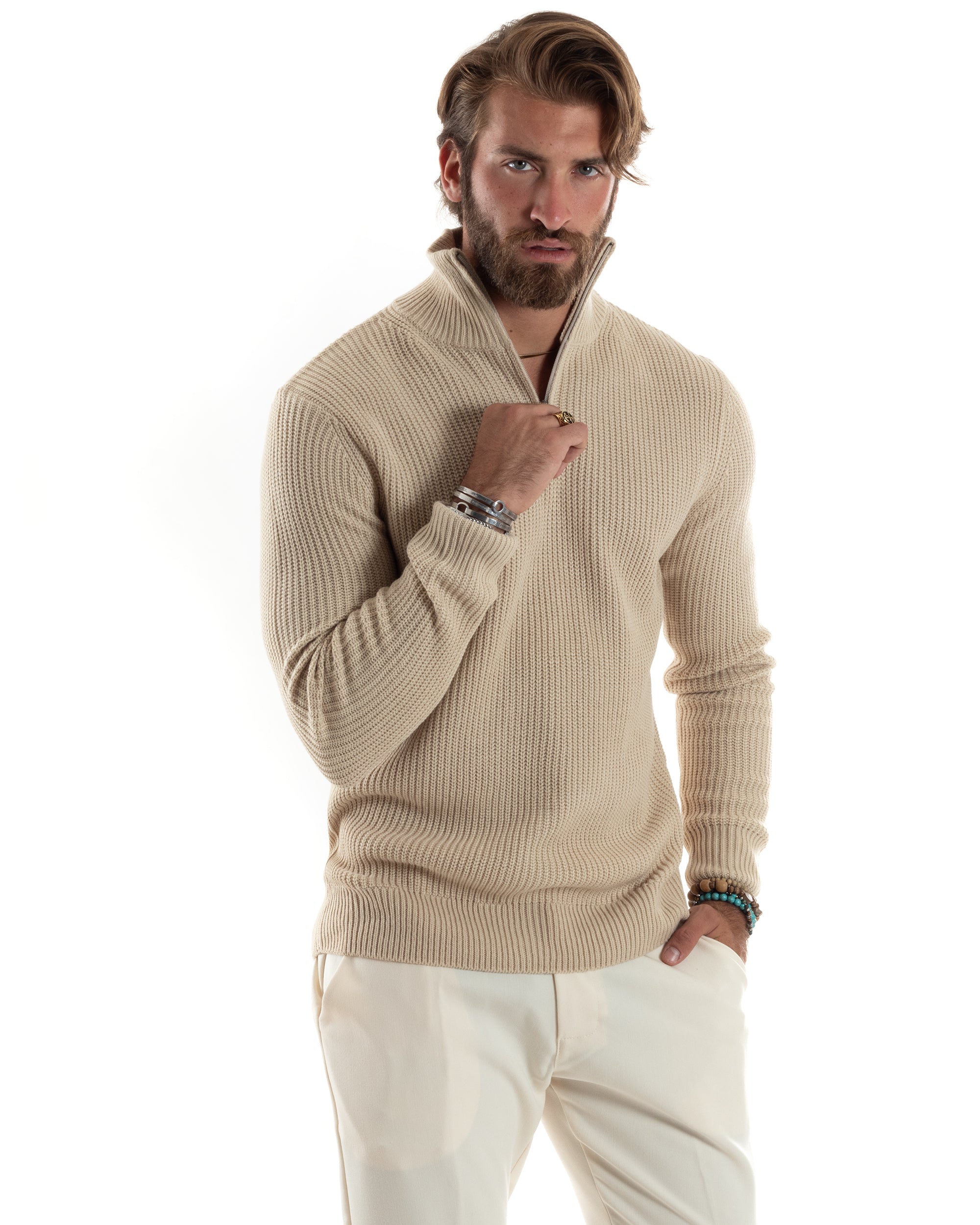 Maglioncino Uomo Scollo Con Cerniera Maglia Inglese Maniche Lunghe Basic Casual Tinta Unita Beige GIOSAL-M2856A