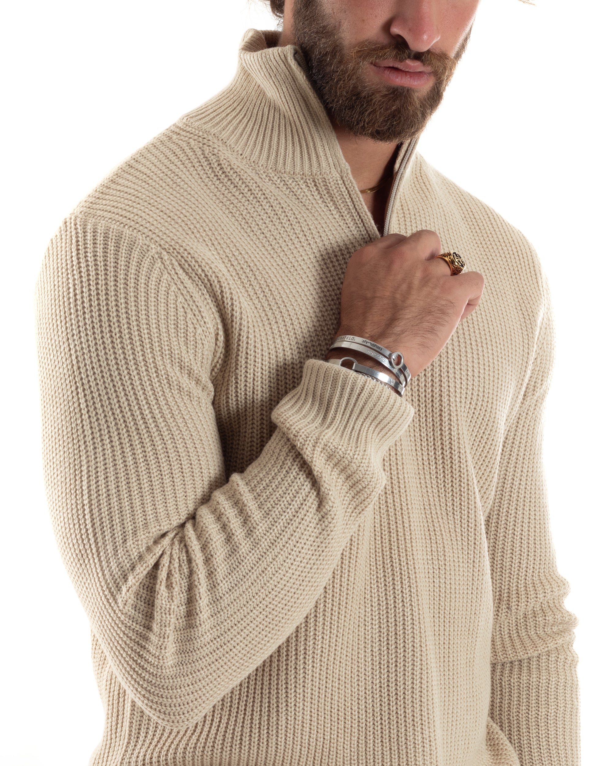 Maglioncino Uomo Scollo Con Cerniera Maglia Inglese Maniche Lunghe Basic Casual Tinta Unita Beige GIOSAL-M2856A