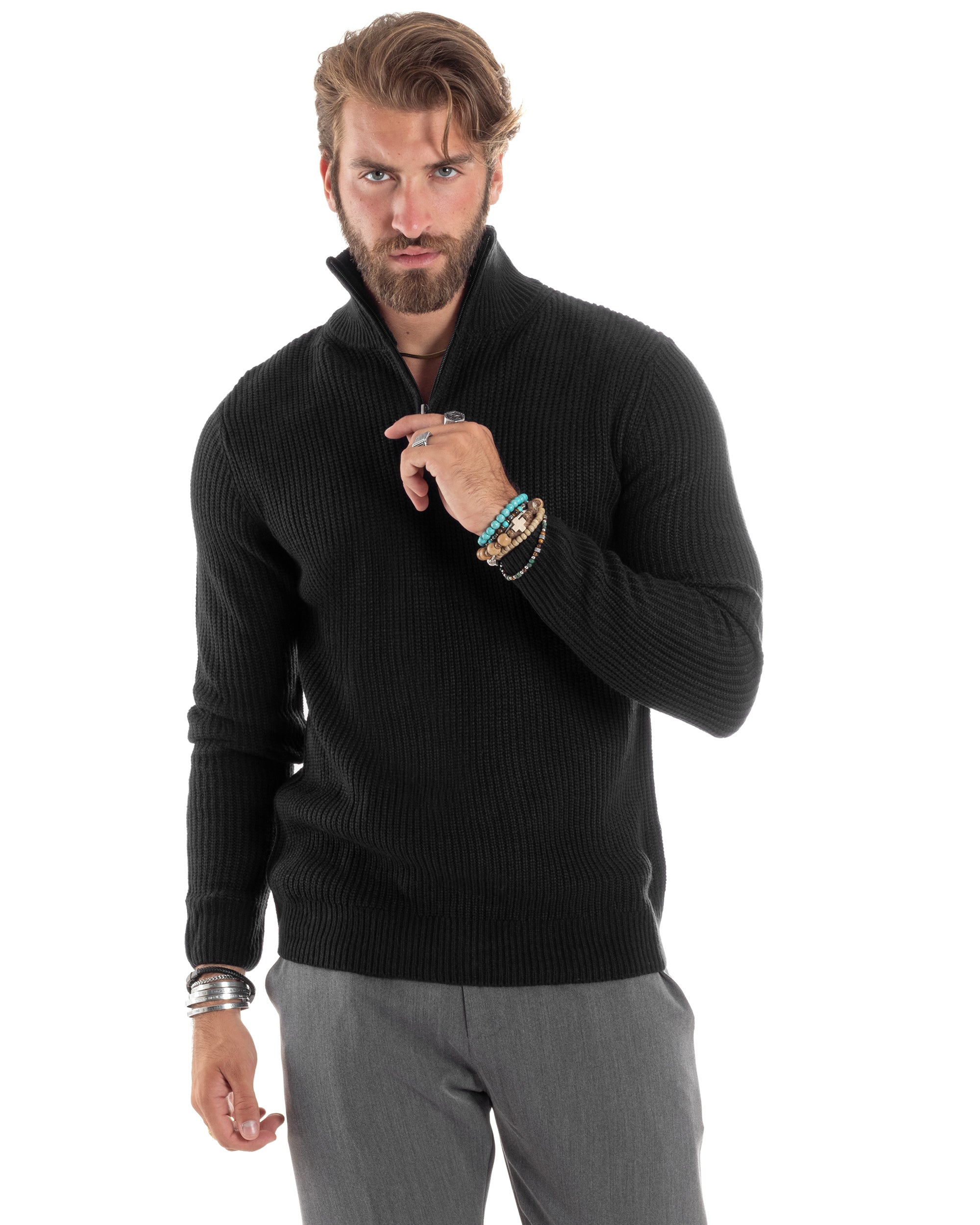 Maglioncino Uomo Scollo Con Cerniera Maglia Inglese Maniche Lunghe Basic Casual Tinta Unita Nero GIOSAL-M2857A