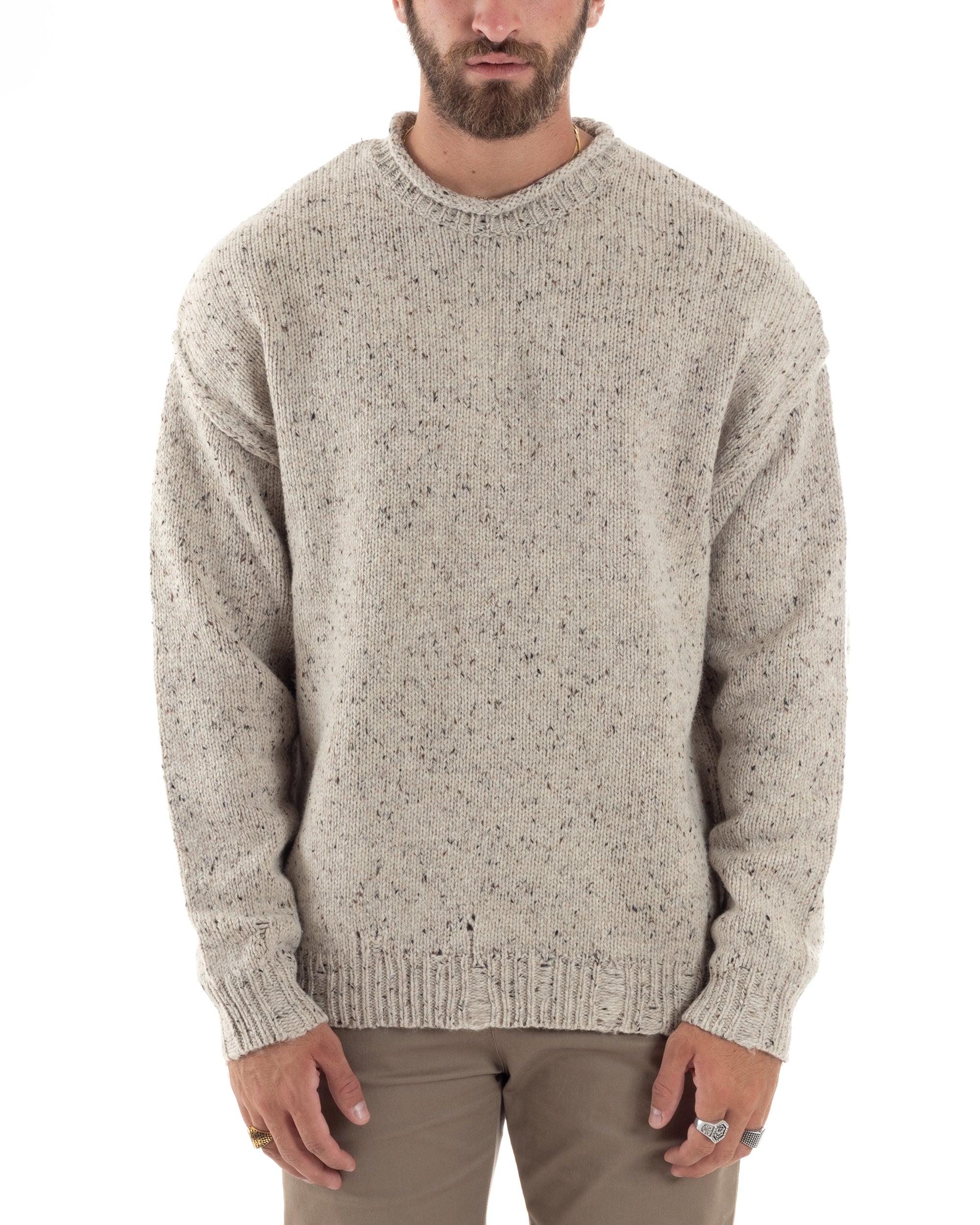 Maglione Uomo Girocollo Maglia Maglioncino Maniche Lunghe Casual Oversize Melangiato Beige GIOSAL-M2858A