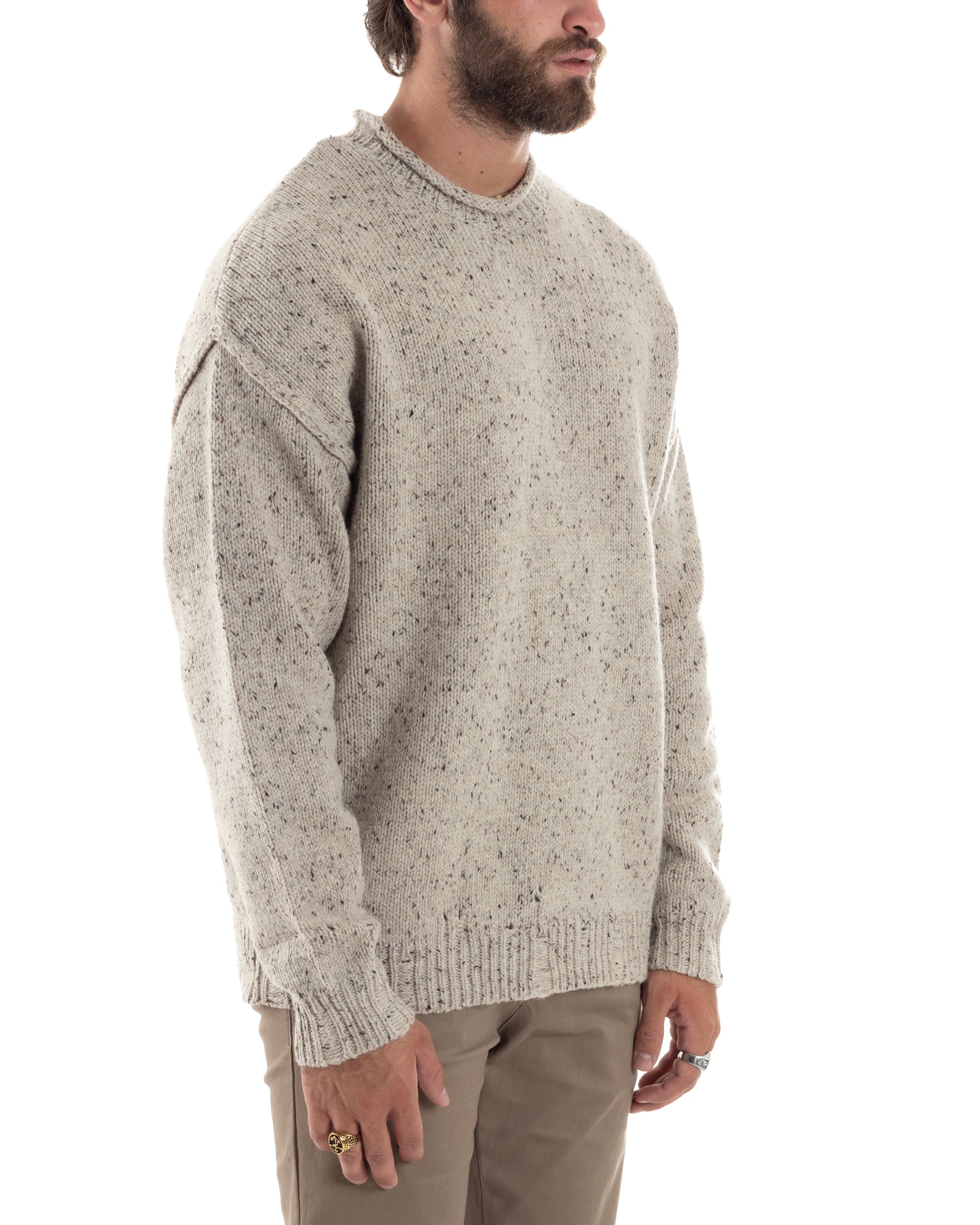 Maglione Uomo Girocollo Maglia Maglioncino Maniche Lunghe Casual Oversize Melangiato Beige GIOSAL-M2858A